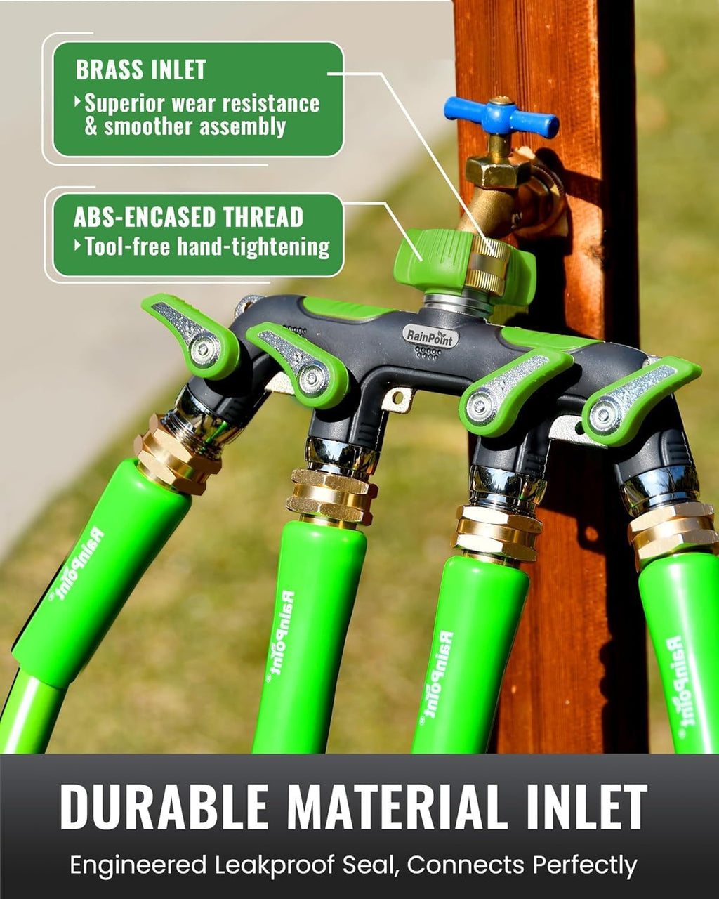 RAINPOINT 4 Way Garden Hose Splitter, 100% Metal Heavy Duty Water Hose Splitter with Individual Shut-Off Valves, 3/4"
