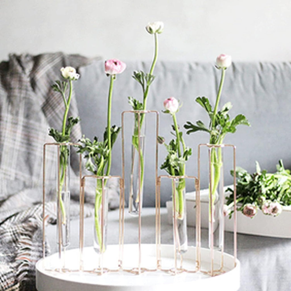 Hinged Flower Vases Test Tube Flower Vase with 5 Test Tubes Gold Metal Frame can be Bent and Contorted, Propagation