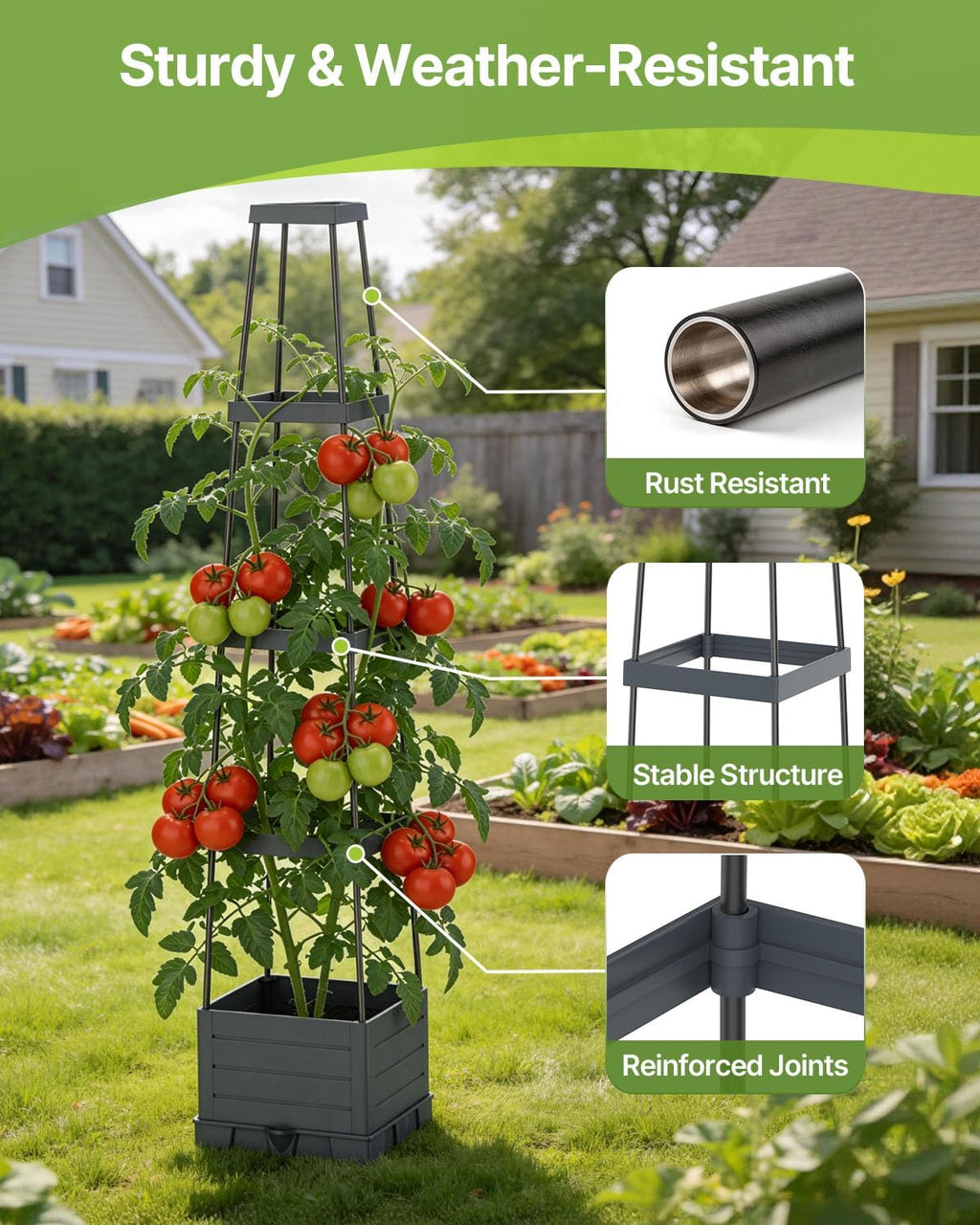 Suteck Raised Garden Bed with Trellis, 2PK Self-Watering Tomato Planter Box | Adjustable Height Steel Support Frame for