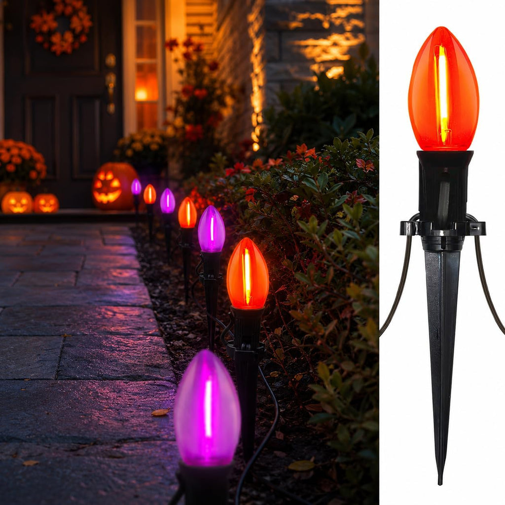 SUNSGNE Halloween Pathway Lights, 19.5Ft Halloween Stake Lights with 10 Count C9 LED Orange and Purple Bulbs for Lawn Yard Sidewalk Garden Decoration