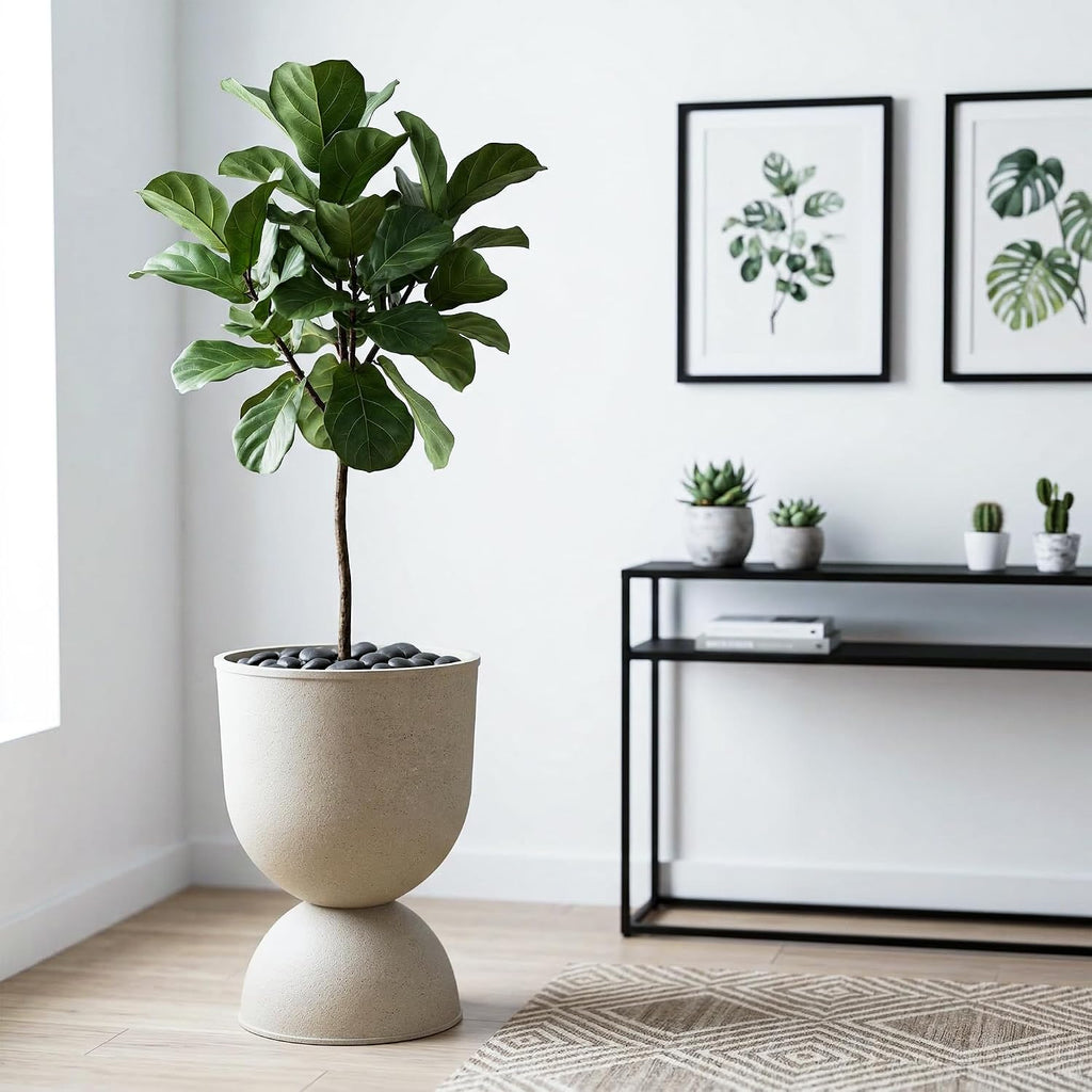 KOL Planters Flower Pots, Large Plastic Urn Planters for Indoor Outdoor Plants, Beige Pedestal Planter Pots, 23 Inch