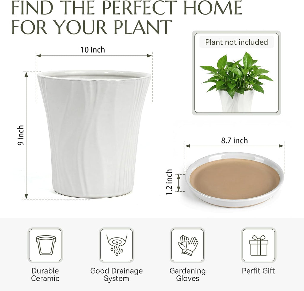 10 Inch Ceramic pots for Plants with Saucer Drainage Leak-Proof Mesh, Round Plant Pot with Gardening Gloves for Indoor