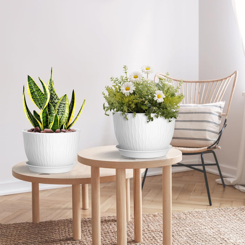 QRRICA Plant Pots 12/10/9 Inch Pots, Set of 3 Plastic Planters with Drainage Holes and Saucers,Plastic Flower
