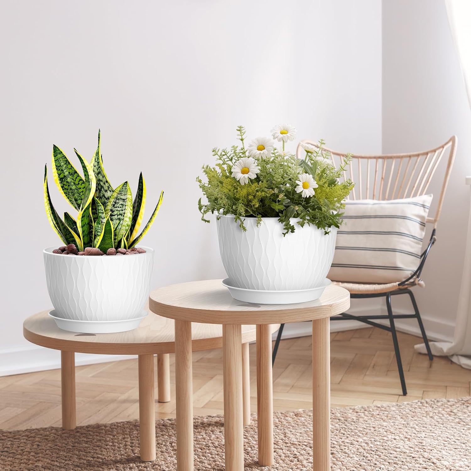 QRRICA Plant Pots 12/10/9 Inch Pots, Set of 3 Plastic Planters with Drainage Holes and Saucers,Plastic Flower