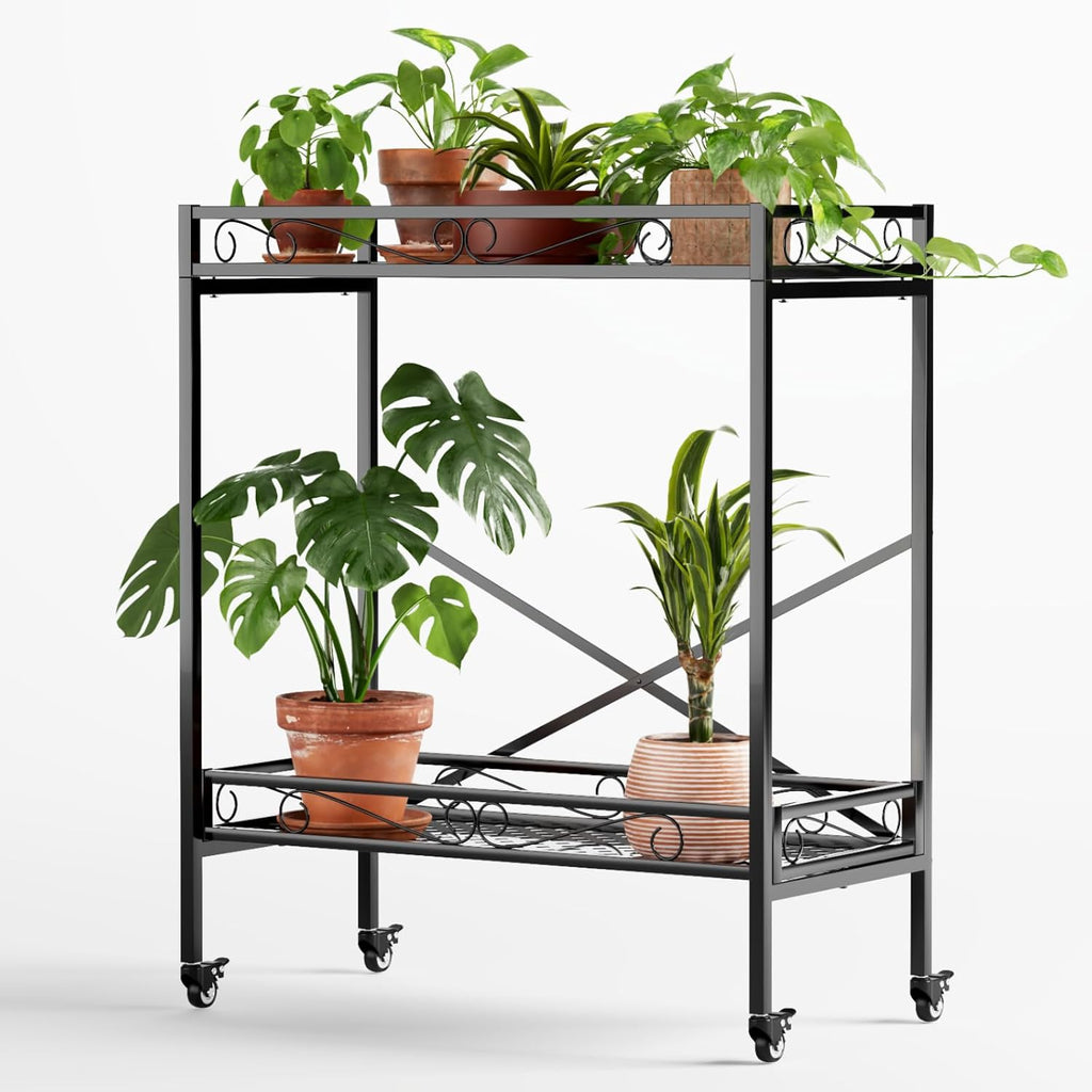 Zhongma 2 Tier Window Height Sturdy Metal Plant Stand with Wheels, 32.7x16x39.4 Inch High, Heavy Duty Succulent Shelf