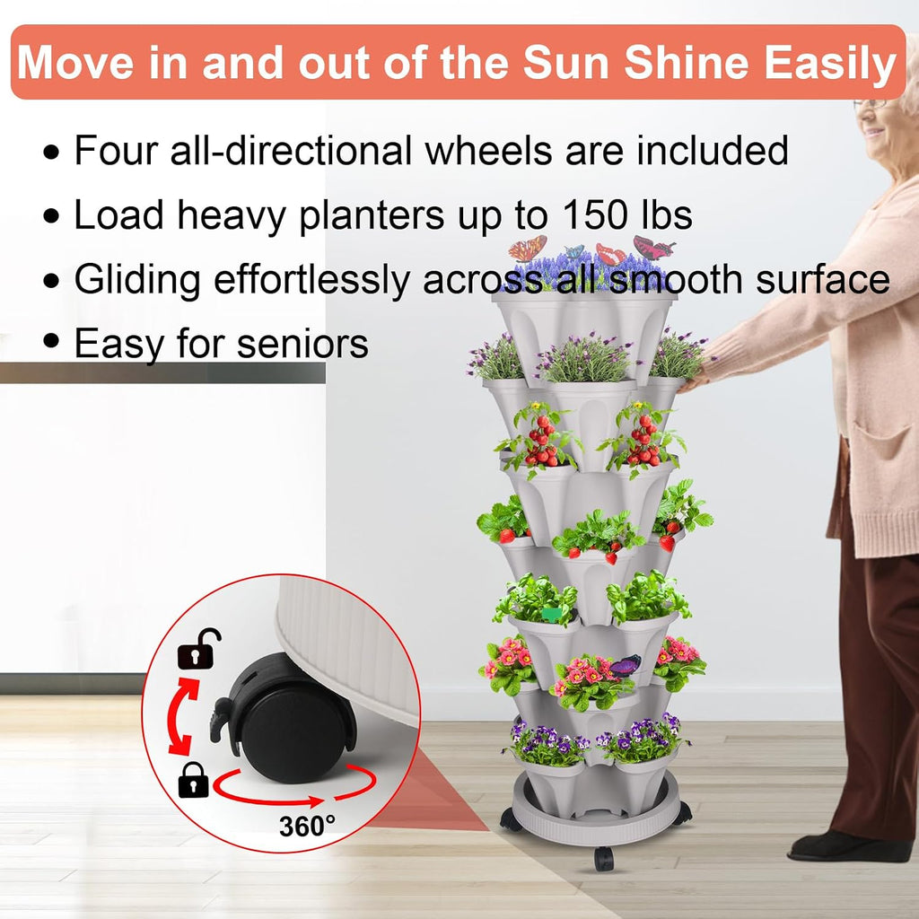 DUNCHATY Stackable Planter, Vertical Garden Planter with Wheels and Tools, Self Watering Strawberry Planter
