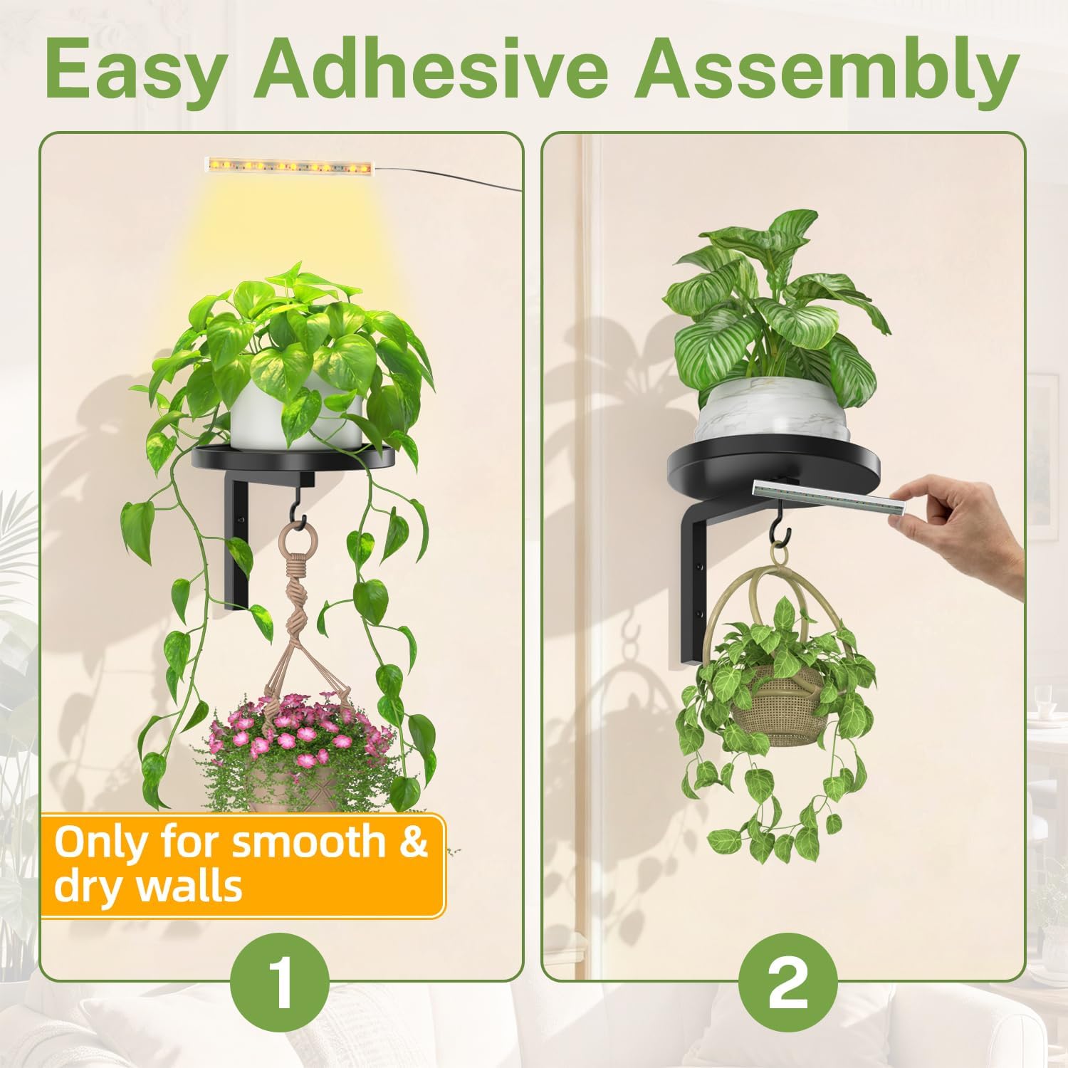 iDavosic.ly Plant Wall Hanger with Grow Lights Set of 2 for Indoor, Black | Metal Floating Flower Display Holder Stand