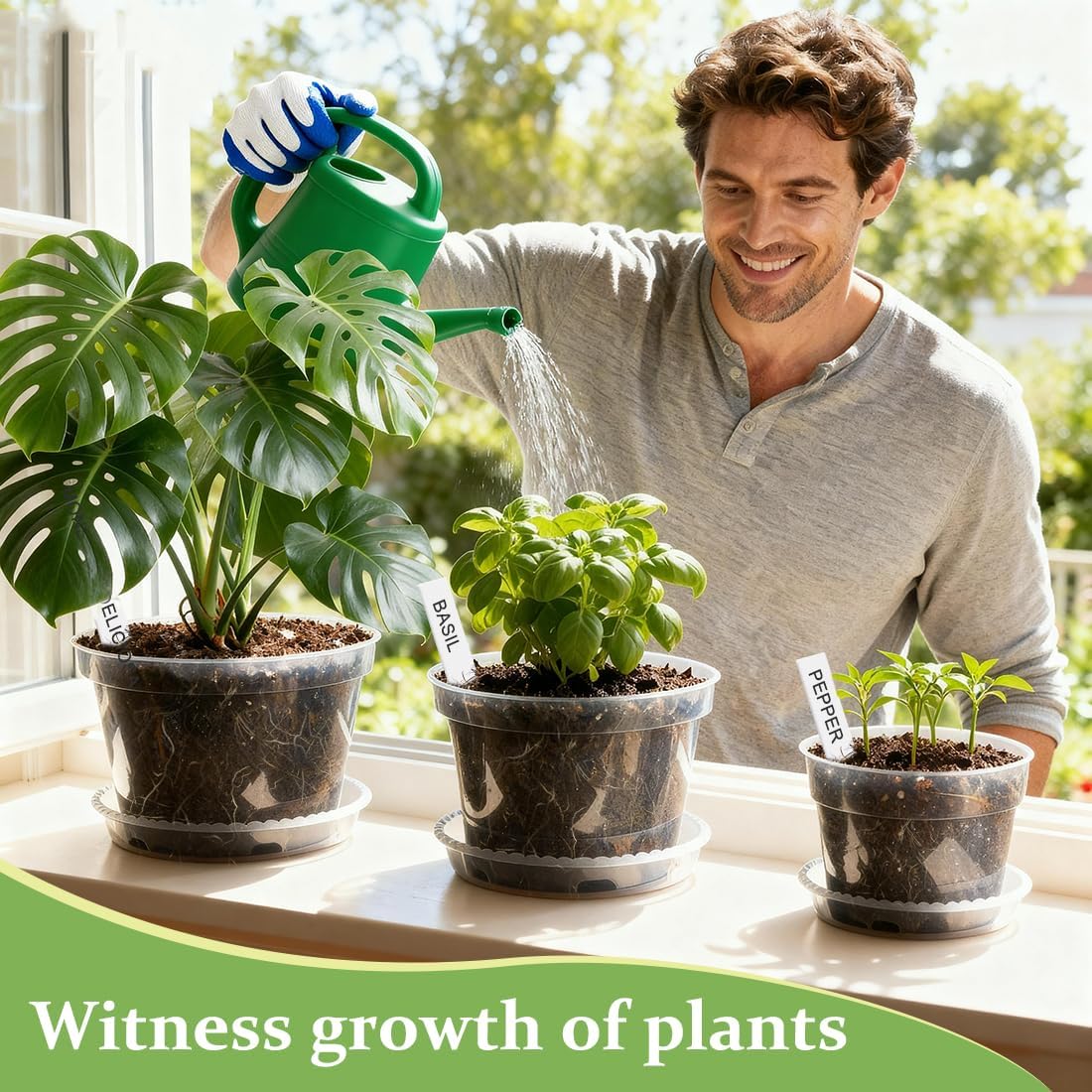 10/8/6 Inch Clear Plant Pots with Drainage Hole 12 Pack, Transparent Sturdy Plastic Nursery Pots with Saucers, Plant