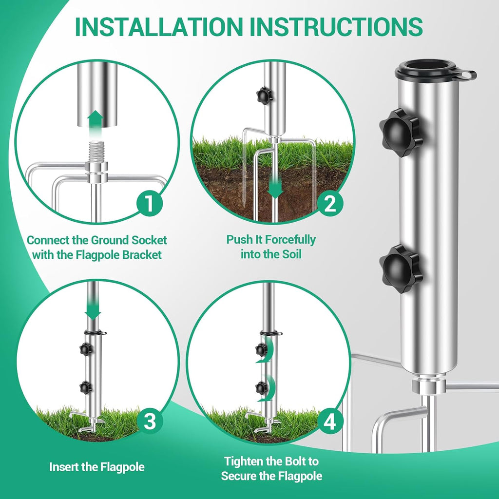 Flag Pole Holder for Ground - 4 Tips Heavy Duty Metal Ground Stake, Adjustable Flag Pole Ground Stake, Fits 1.43"