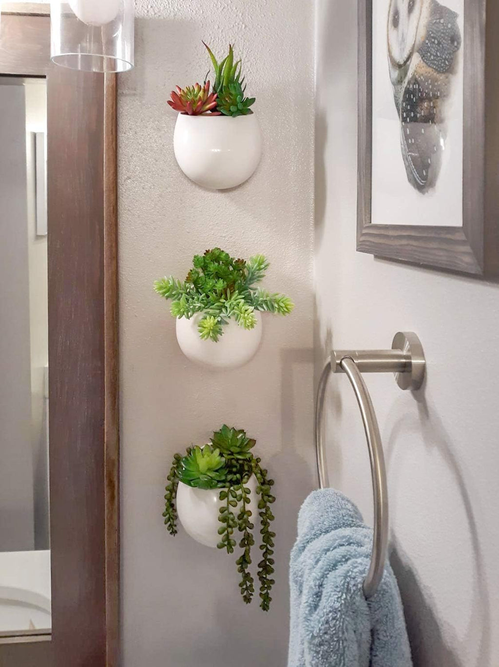 Mkono Wall Planter Ceramic Hanging Pot with Artificial Fake Plants, 3 Pack | 8 Realistic Succulents Included,White Air
