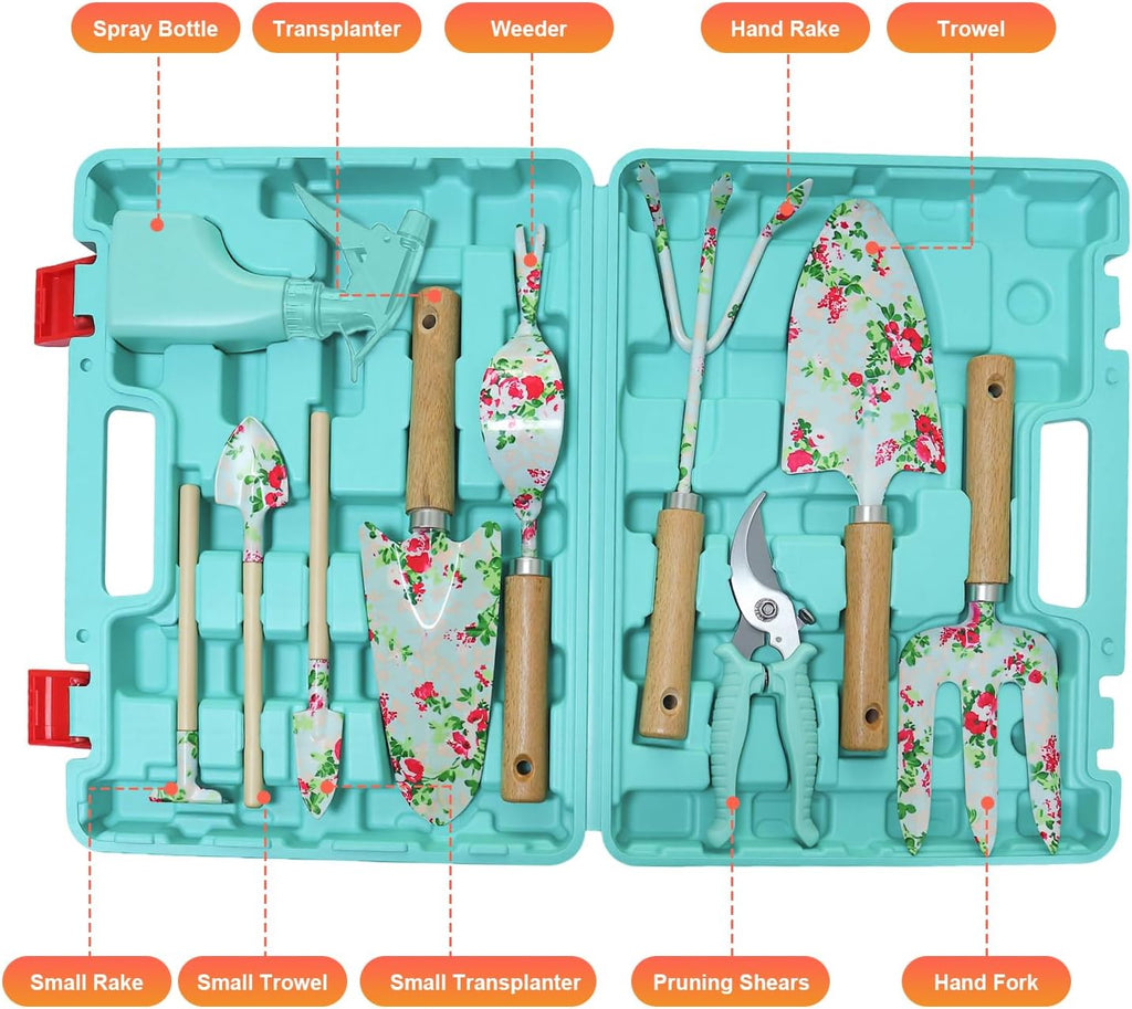 WANCHI Light Green Gardening Set, 10-Piece Garden Tool Kit with Trowel, Hoe, Shovel & Rake, Ideal Gardening Gift for