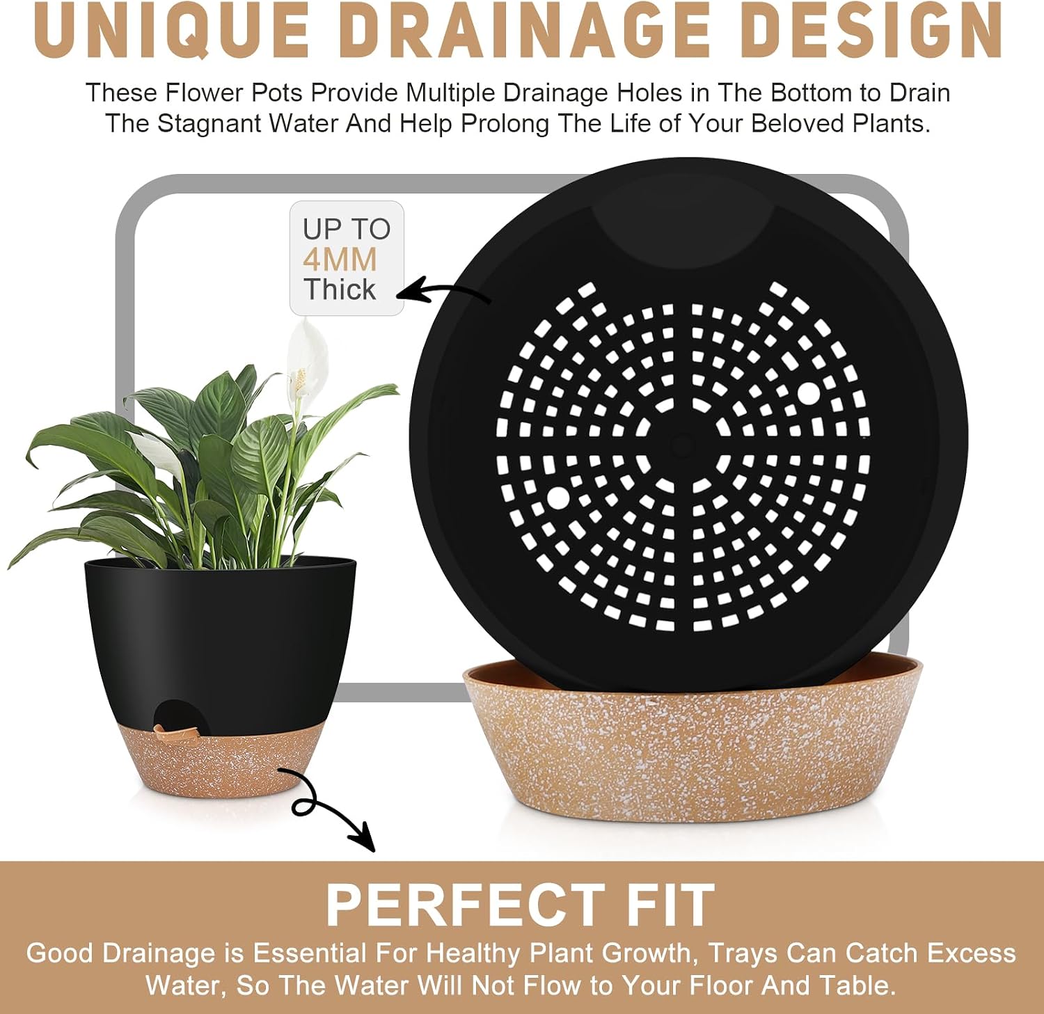 YNNICO 12" 10" 9" Large Self Watering Plant Pots, 3 Pack Flower Pots Planters with Multi Mesh Drainage Holes for Indoor