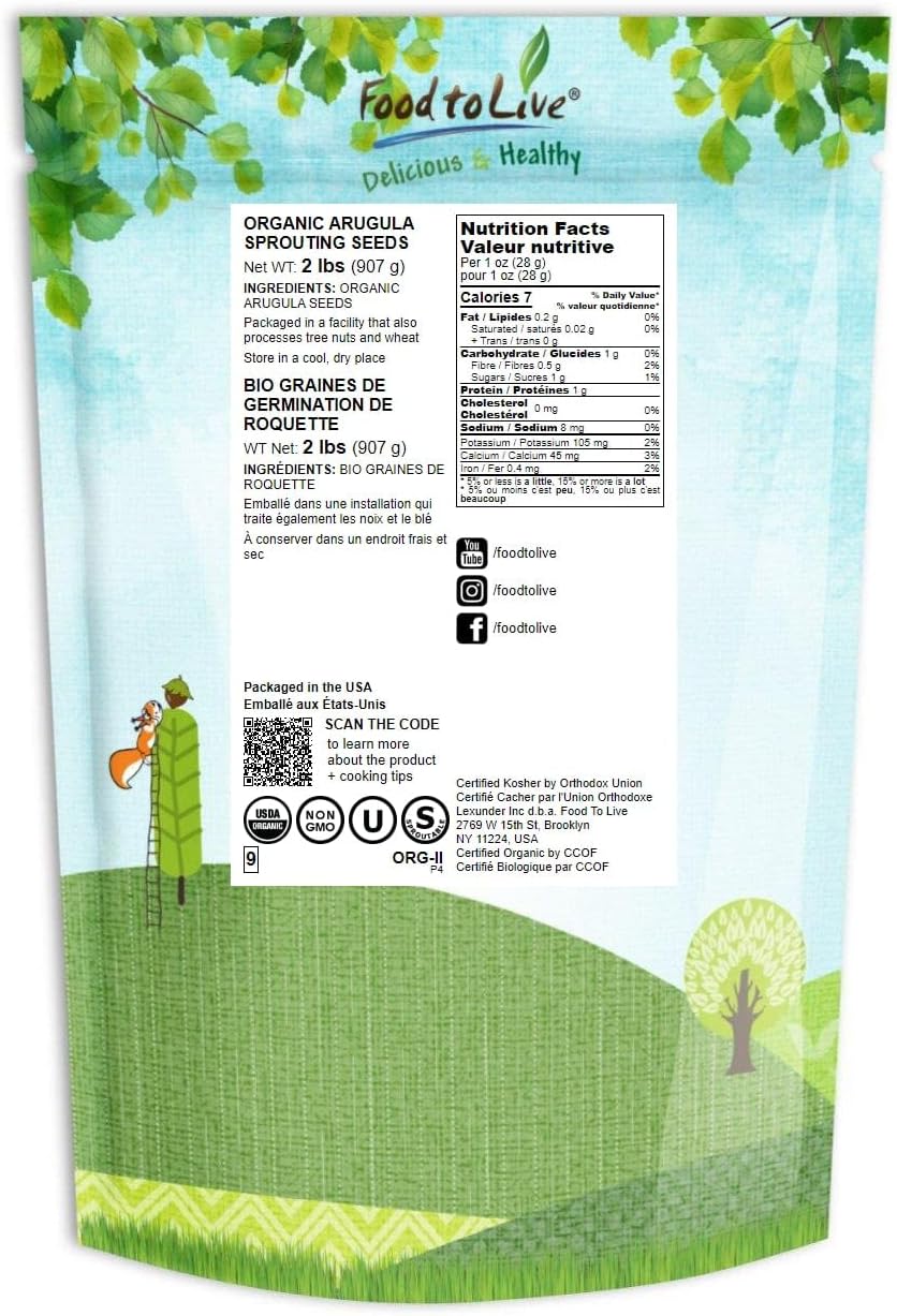 Food to Live Organic Arugula Sprouting Seeds, 2 Pounds – Non-GMO, Kosher, Great for Sprouting and Planting, High