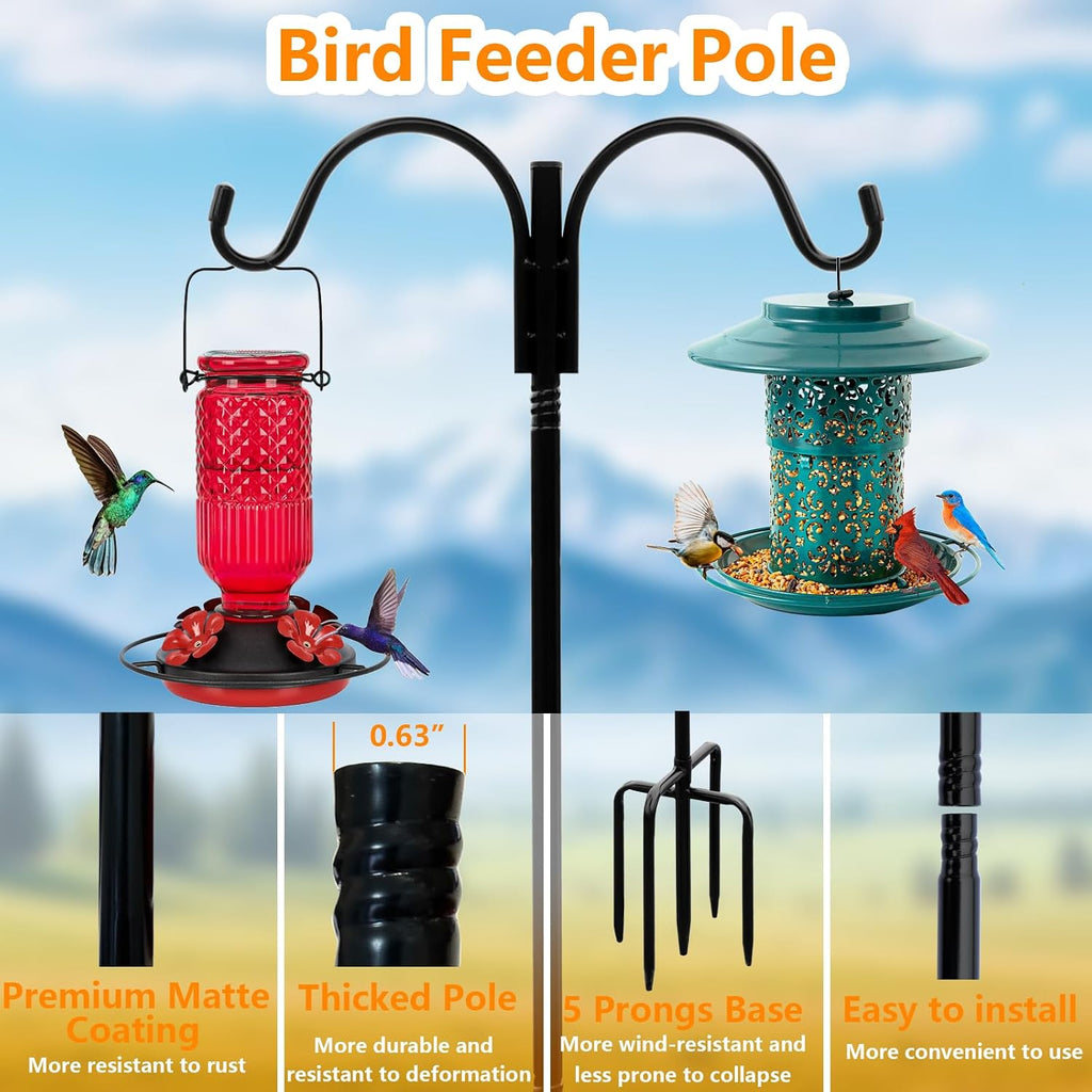 Shepherds Hooks Outdoor 80" Adjustable 2 Pack 5-Prong Base for Bird Feeders | Heavy Duty Double Garden Hooks for