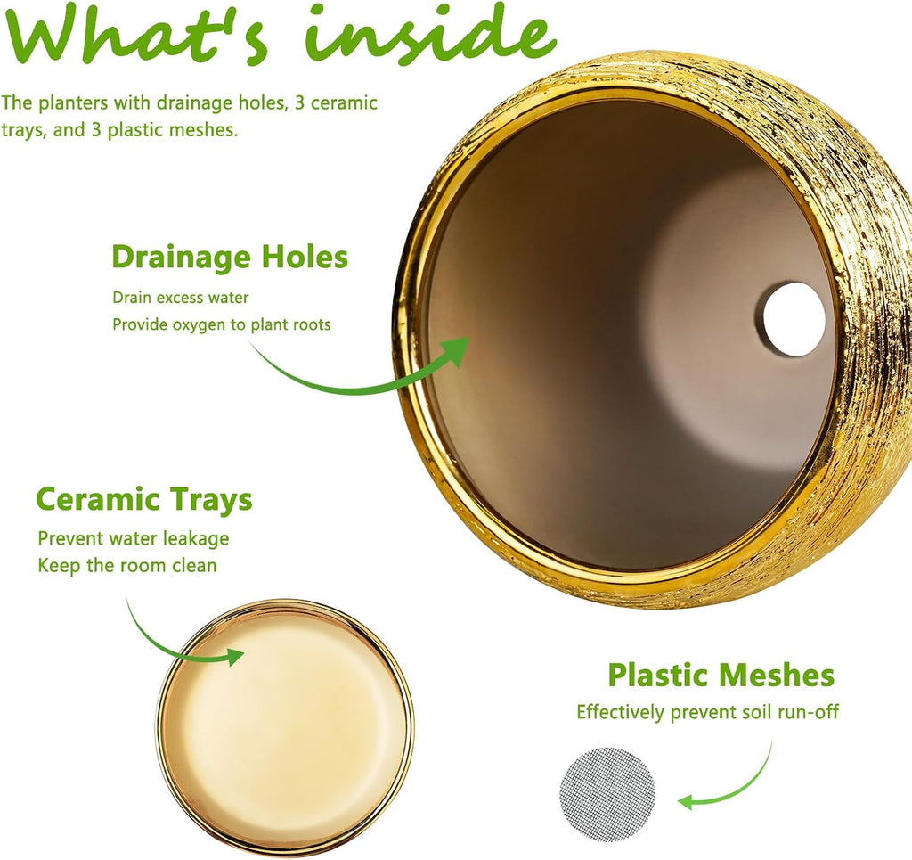 Flower Pots for Indoor & Outdoor Plants - Ceramic Pots 10 Inch, 8 Inch, 6 Inch with Drainage Holes, Saucers