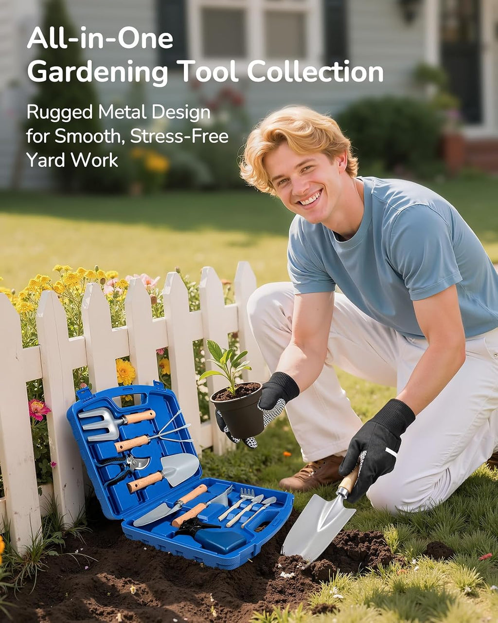 12-Piece Gardening Tools Set with Hard Storage Case, Blue | Heavy-Duty Steel Trowel & Pruner, Floral Print Design