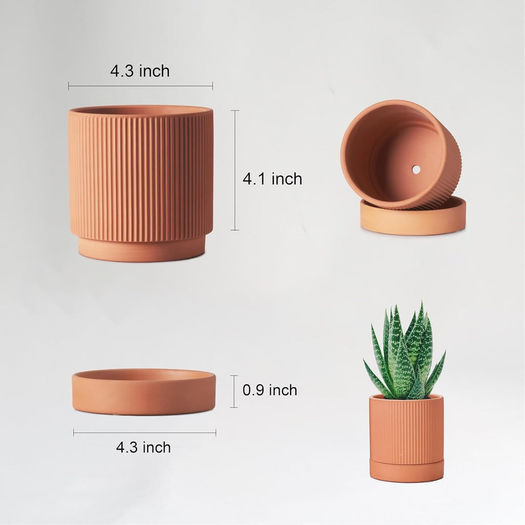 HERDUK Small Modern Terracotta Pots, 4.2 Inch Ribbed Textured Clay Planter Pots with Drainage Hole & Saucer, Garden