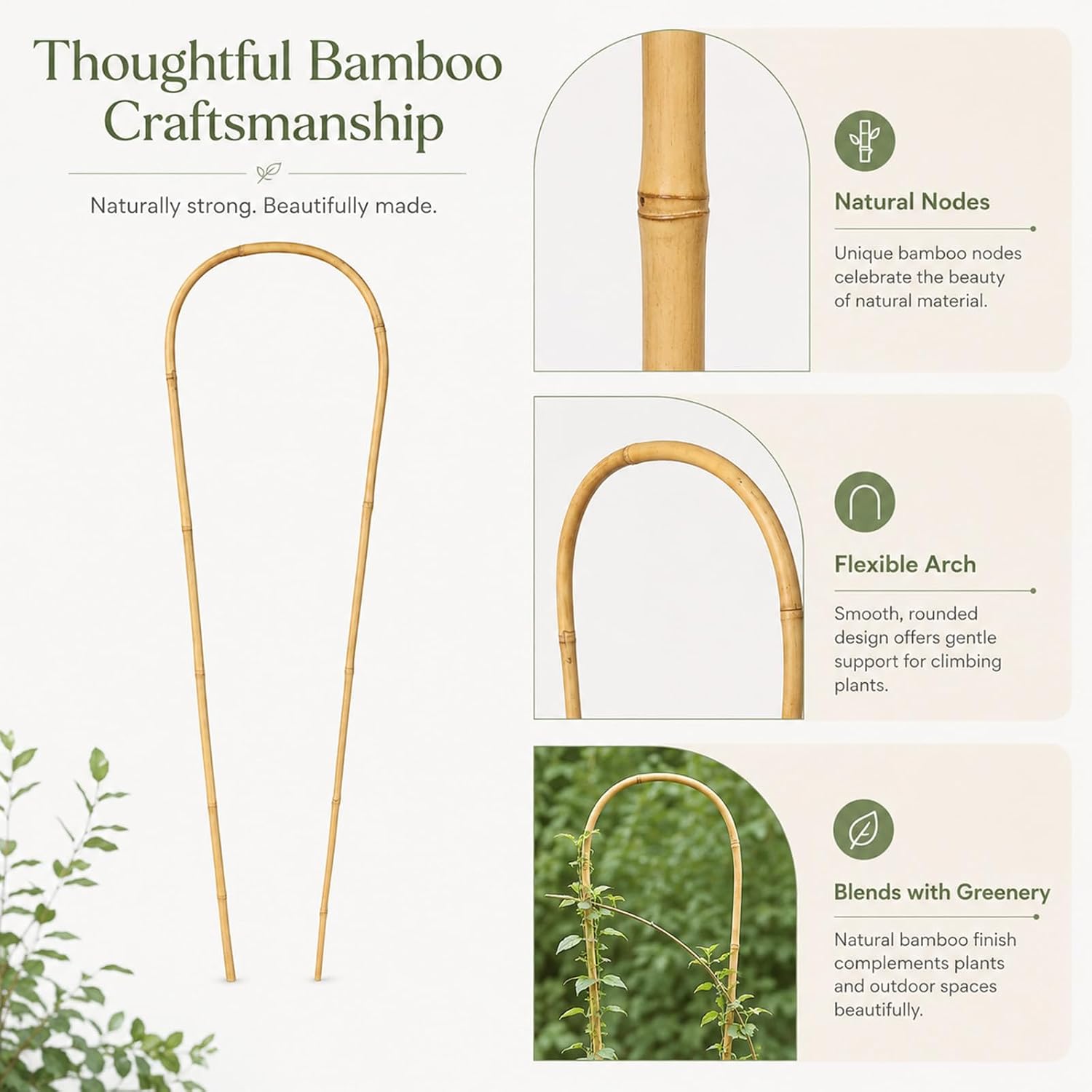 36in Natural Bamboo U-Hoop Trellis for Climbing Plants, 3 PCS | U-Shaped Plant Support Hoop for Potted Plants, Vines