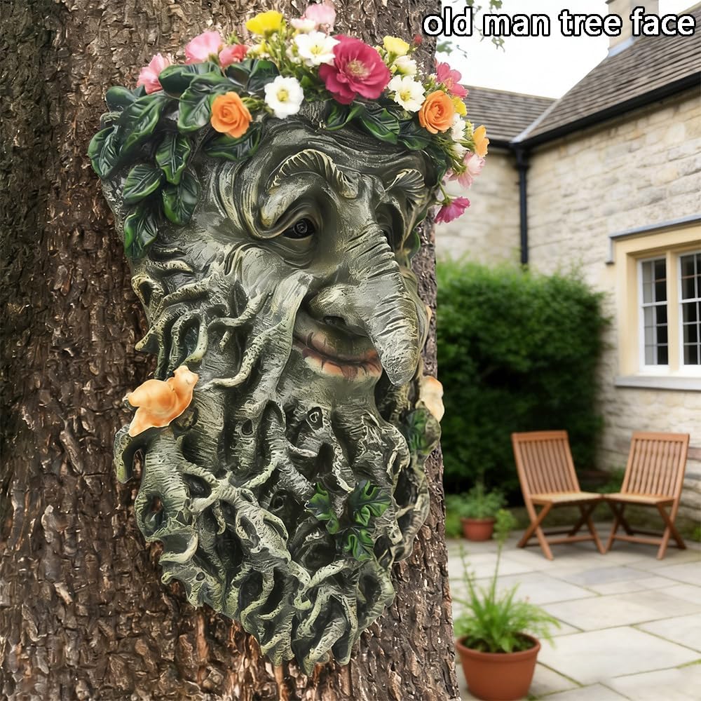 Old Man Tree Face Outdoor Decor Garden Statue Sculpture | Tree Face Hugger Flower Pot, Weatherproof, Rustic Fairy
