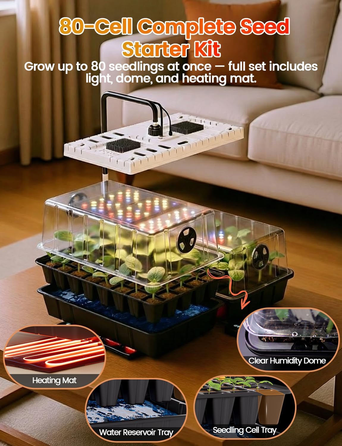 MetryGrow 48W Full Spectrum LED Grow Light Seed Starter Kit, 80-Cell Tray with 30W Heating Mat & Adjustable Dome