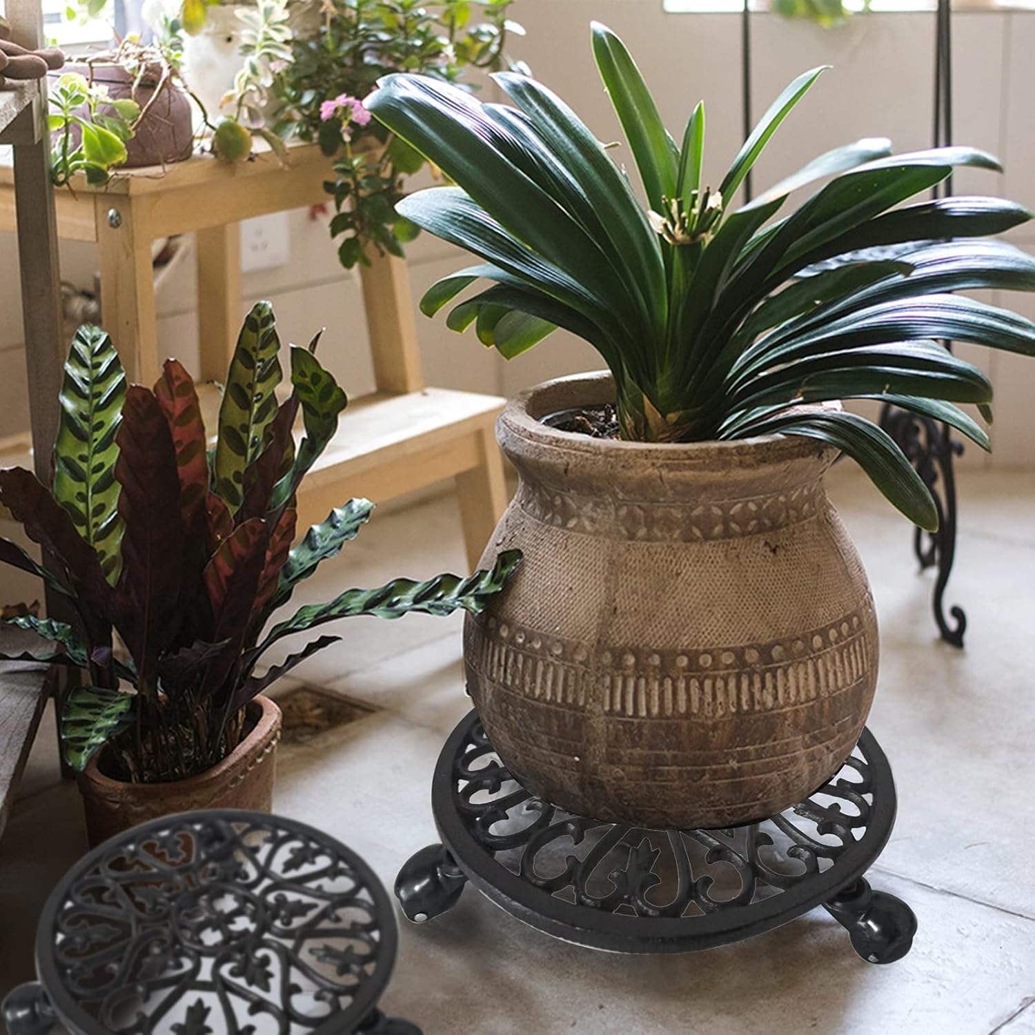 Fasmov Plant Caddy Cast Iron Plant Stand Plant Pallet Caddy Plant Pot with Heavy Duty Wheels Indoor Outdoor Planter