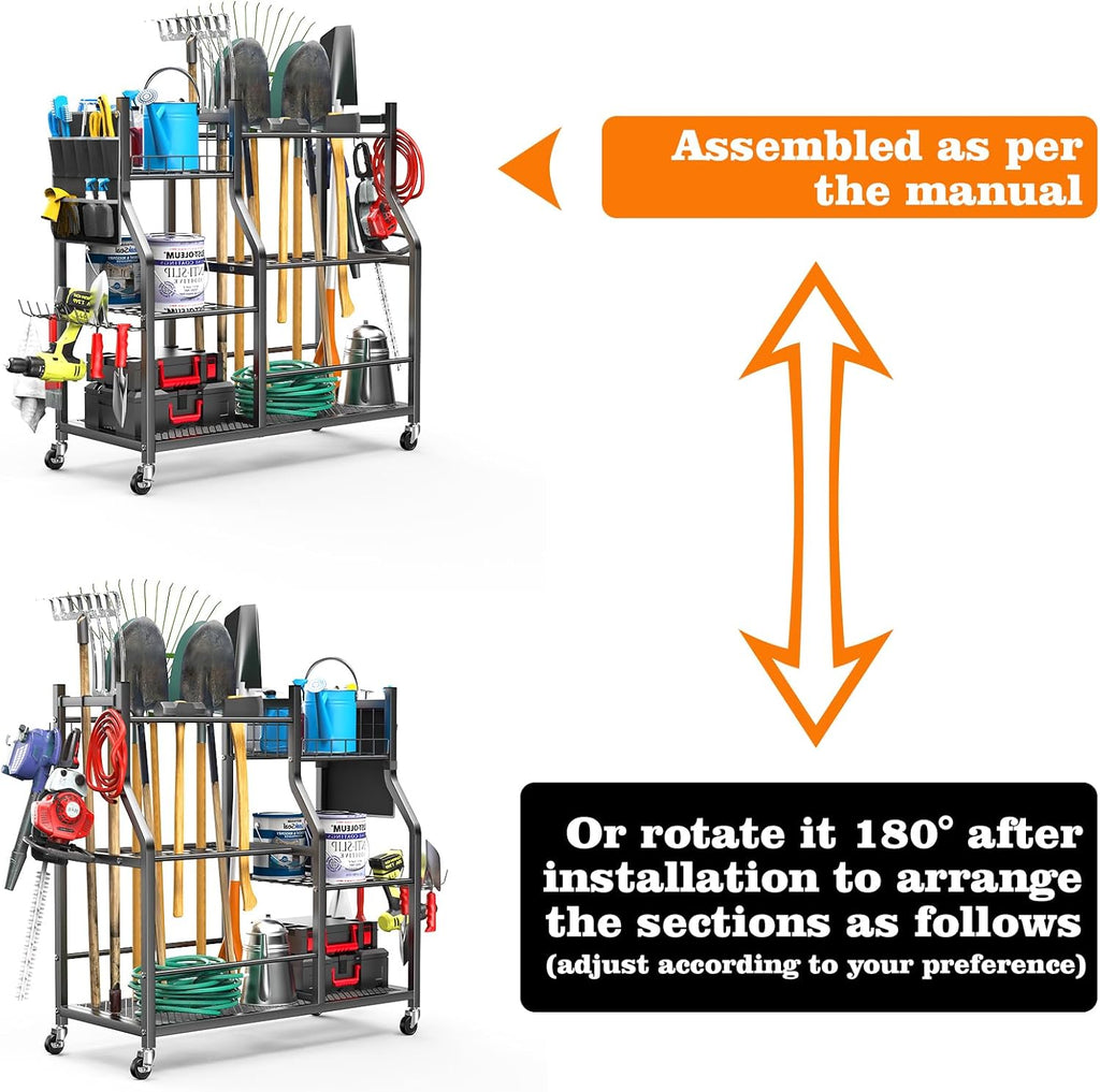 36" Large Garden Tool Organizer with Wheels & Side Tool Bag, 3 Tier Rolling Garage Storage Rack for Long Handled Rakes