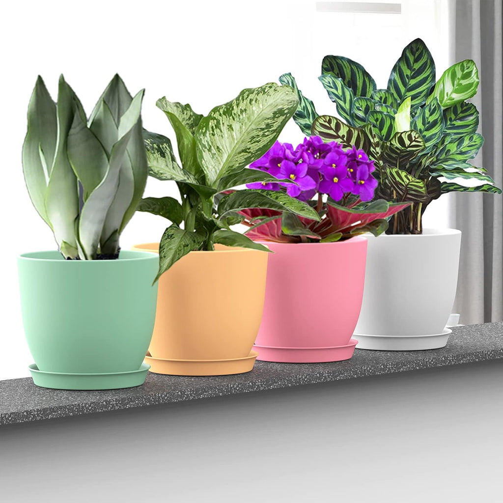 SwinDuck 6 Inch Plant Pots, 12 Pack Plastic Planters Modern Flower Pot with Drainage Holes and Saucers for All House