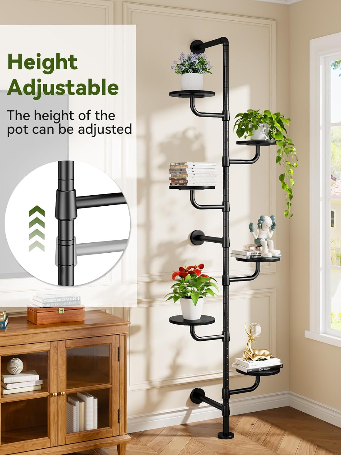 Plant Stand Indoor, Tall Wall Mounted Metal Pole, 6-Tier, Black | Rotating Wooden Board Plant Holder for French Window