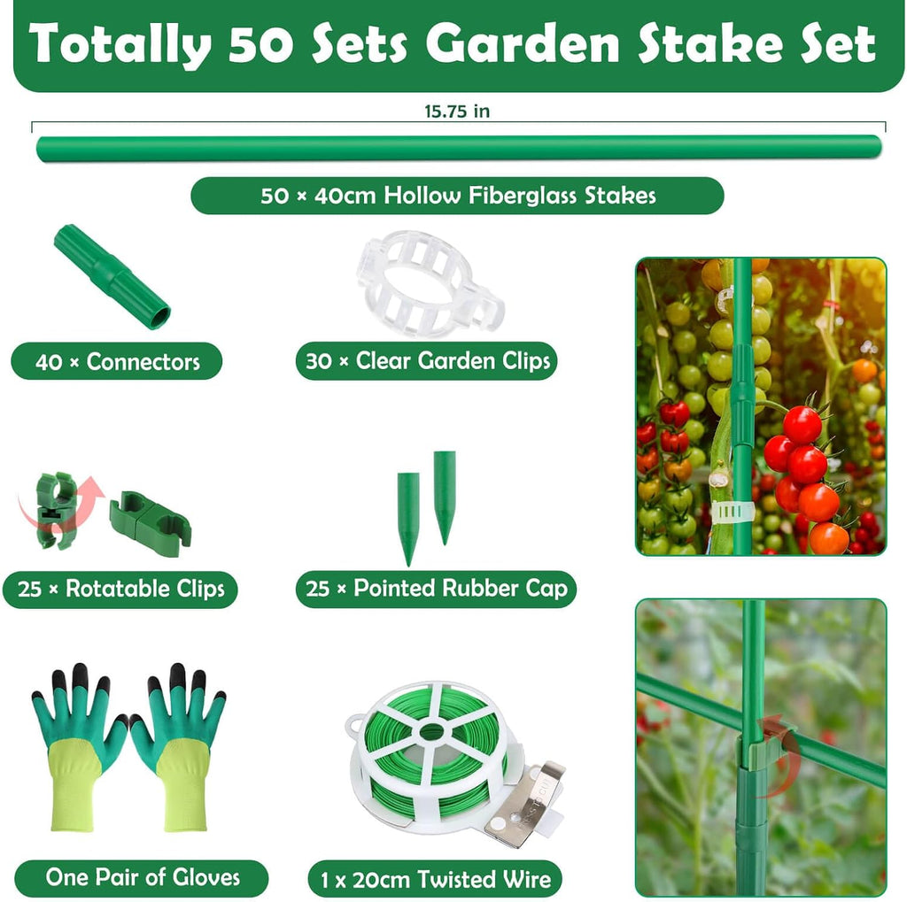 Cludoo 162PCS Garden Stakes Set with 50 Sets Fiberglass Plant Stakes Sticks Supports and Accessories, DIY 4ft 5ft 6ft