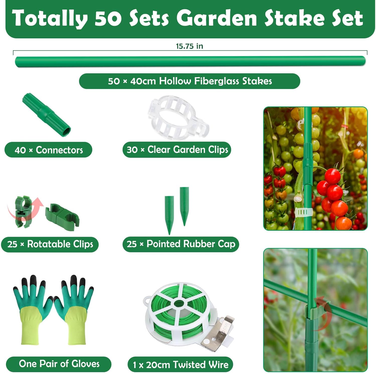 Cludoo 162PCS Garden Stakes Set with 50 Sets Fiberglass Plant Stakes Sticks Supports and Accessories, DIY 4ft 5ft 6ft