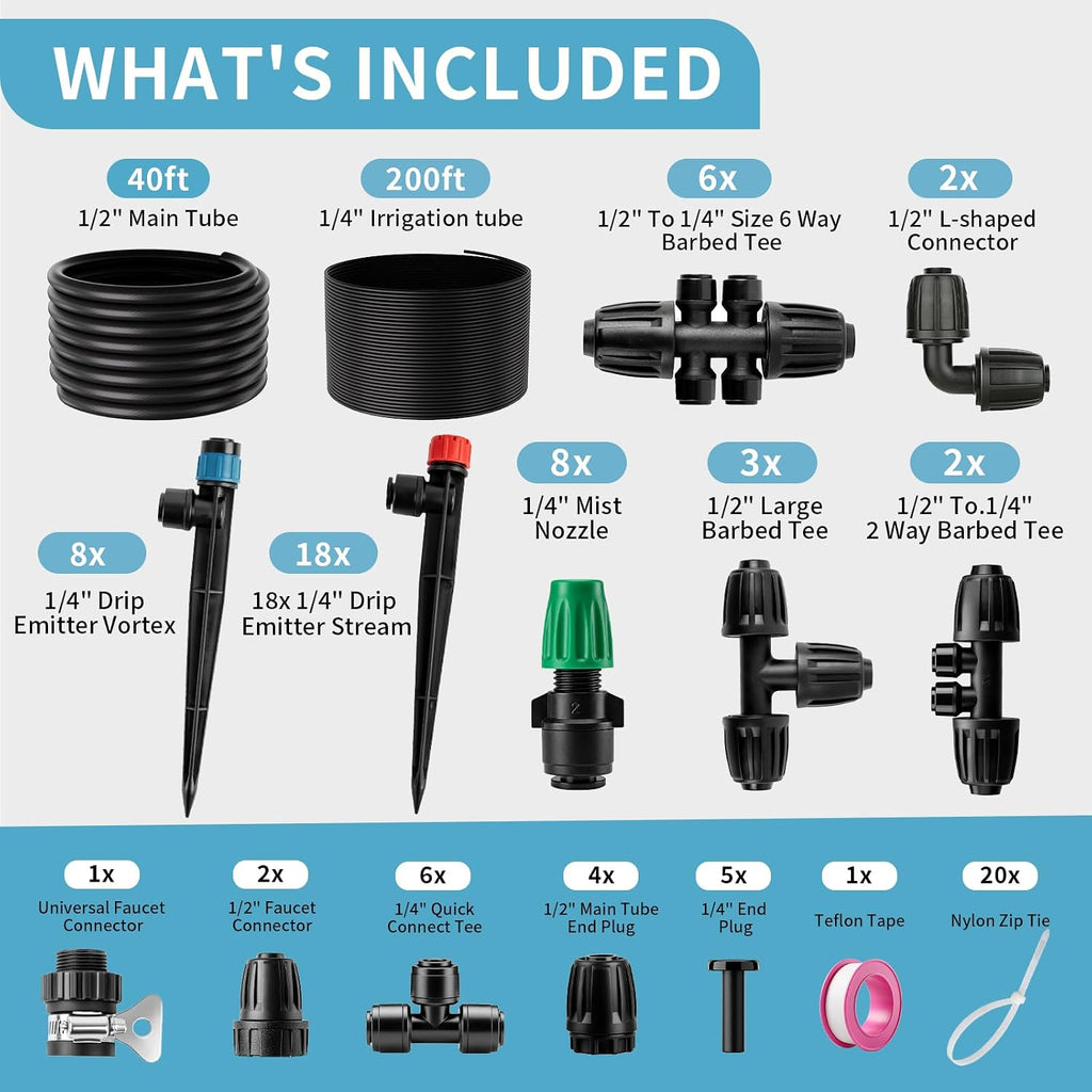 LP 240FT Drip Irrigation System Kit, Garden Watering Misting System - 40FT 1/2" Main Tube & 200FT 1/4" Distribution
