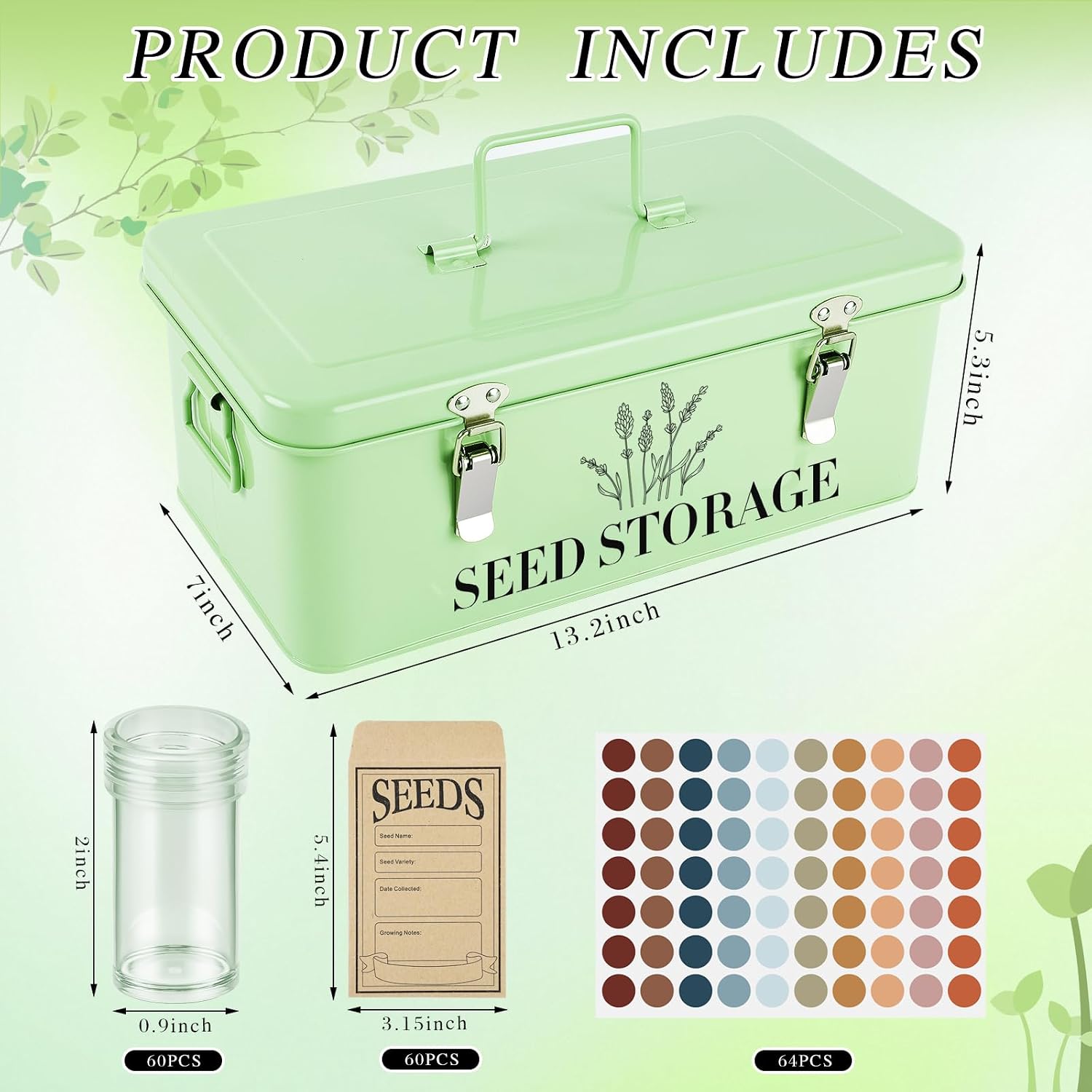 Seed Storage Box , Metal Seed Organizer Saving Box, Seeds Packet Container | with 4 Dividers,With 60 Slots 60 Seeds