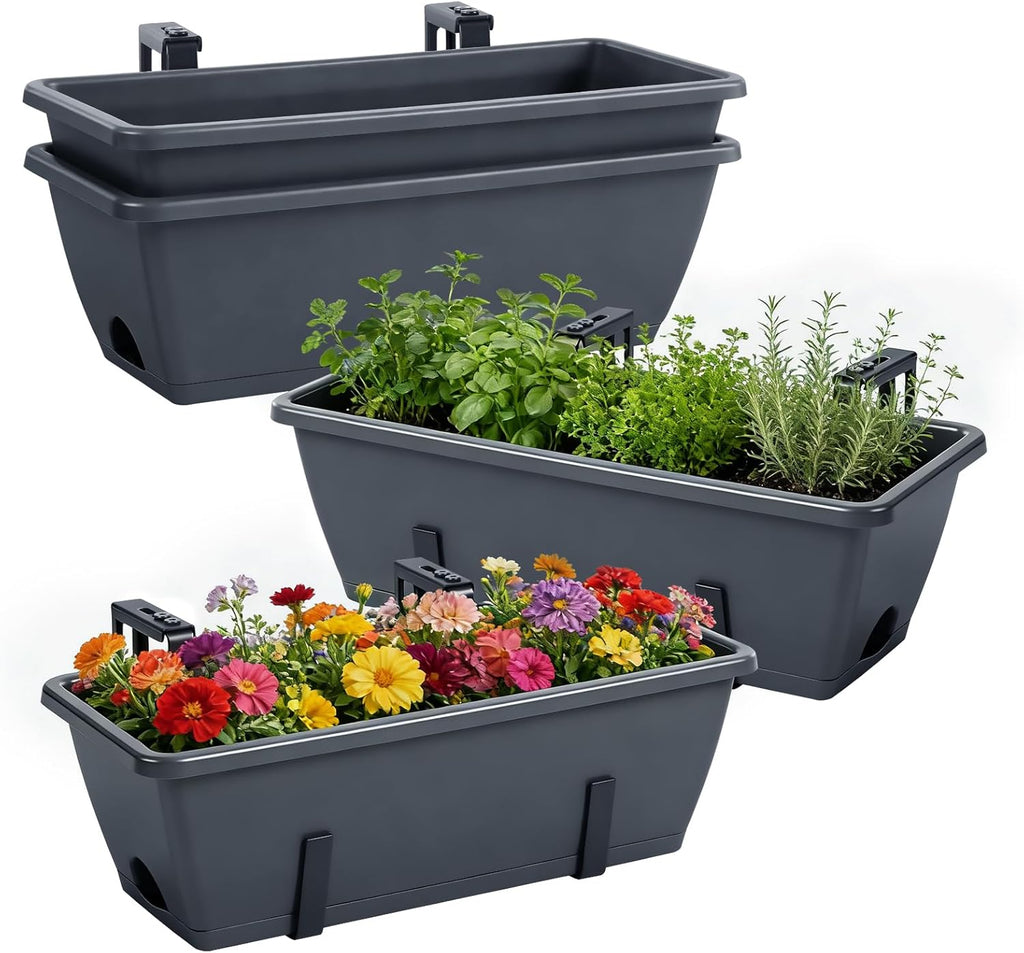 OYEAL Deck Railing Planter Boxes 4 Pack Hanging Window Flower Boxes Outdoor | Railing Planter with Adjustable Brackets