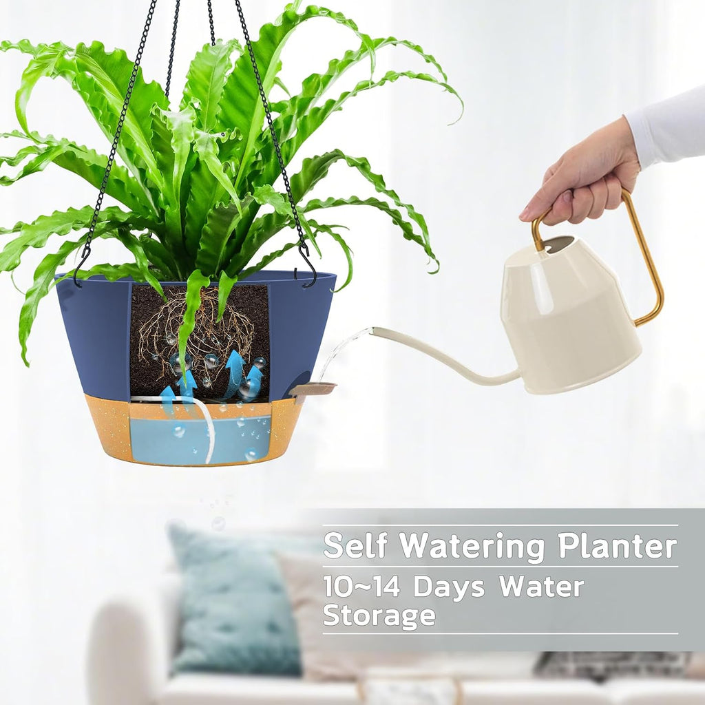 ZMTECH 12 Inch Hanging Planters for Indoor Plants, Large Blue Self Watering Hanging Planter with Visible Water Level &