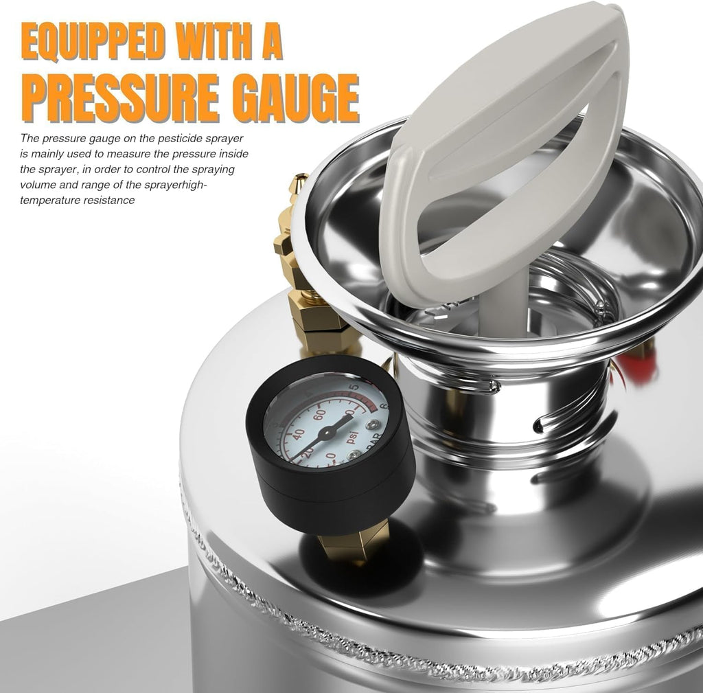 1.5 Gallon Hand Pump Sprayer, 304 Stainless Steel Garden Chemical Sprayer with Pressure Gauge, Adjustable Nozzle, 16"