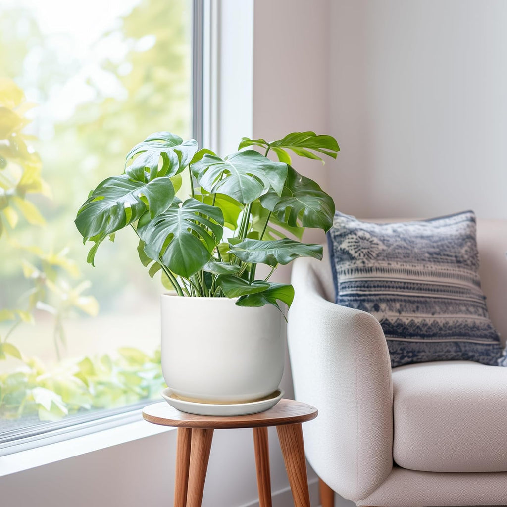 Ceramic Plant Pot - Modern 8 Inch Round Planter for Indoor Outdoor Plants with Drainage Hole and Saucer, Home House