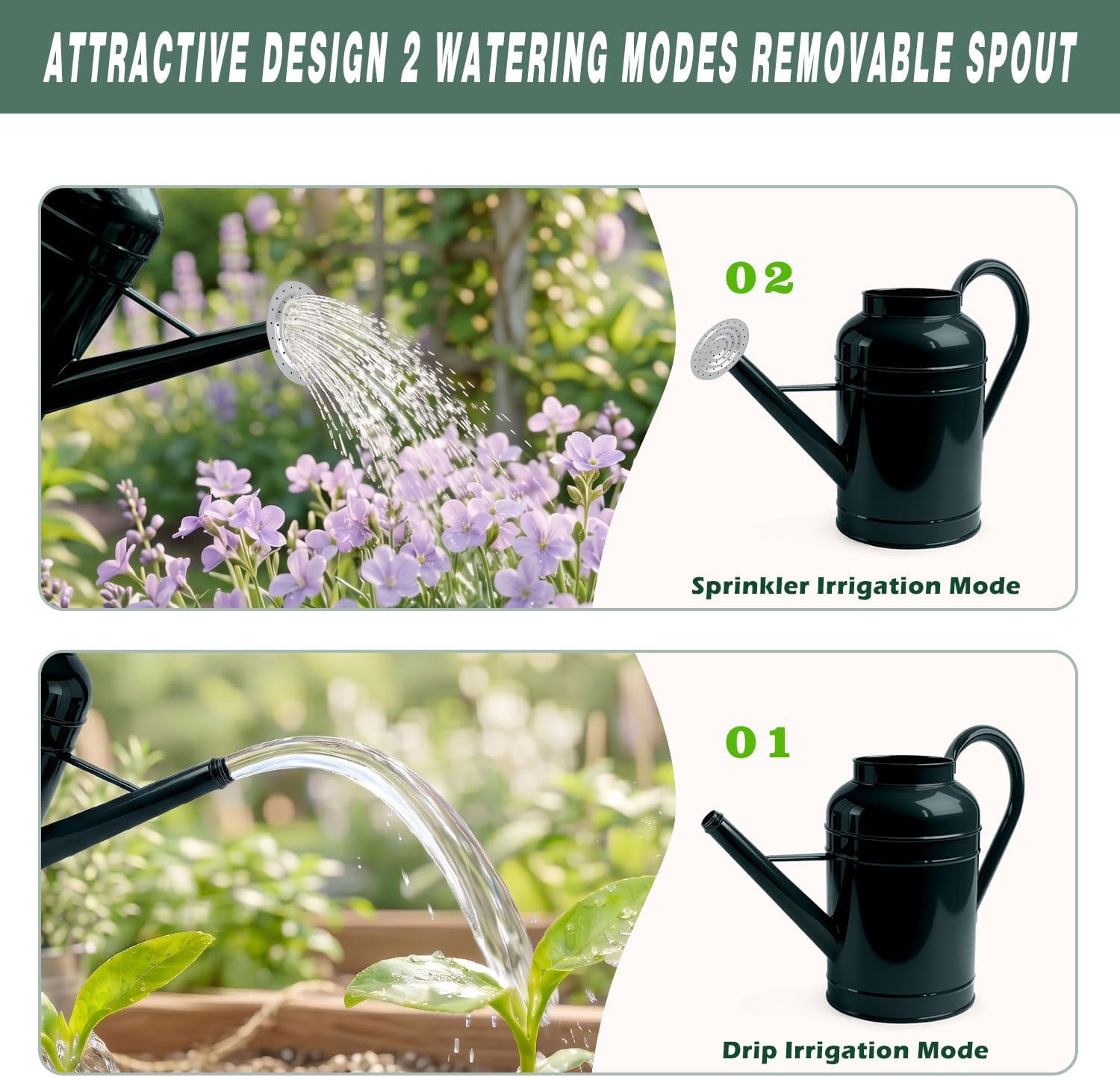 2.3 Gallon Dark Green Metal Watering Can for Plants and Garden with Removable Spout, Made of Galvanized Iron
