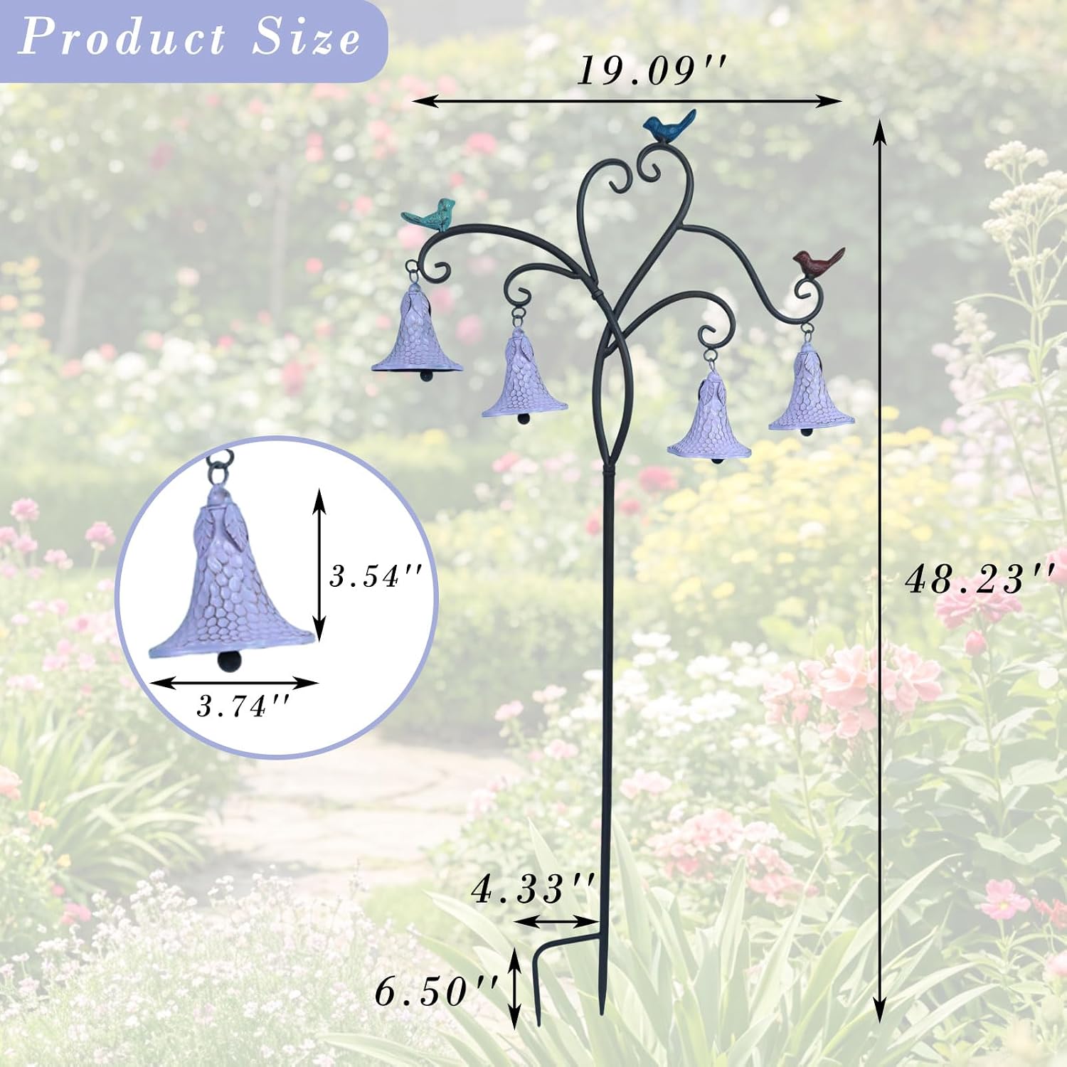HOUYANG 48 Inch Metal Decorative Garden Stake with Bird and Bell Decor | Rustic Metal Flowers Yard Art for Outdoor Yard