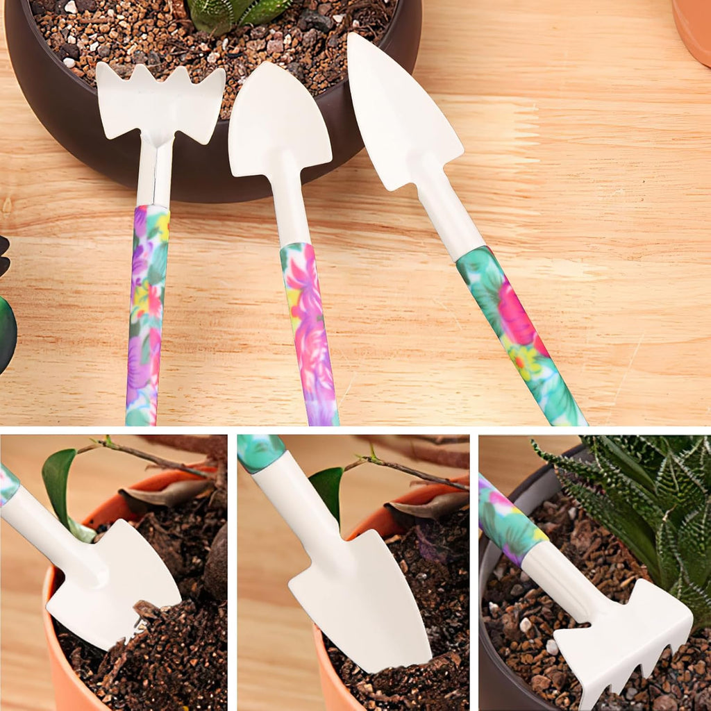 Garden Tools Set, JUMPHIGH 10 Pieces Gardening Tools with Floral Print, Ergonomic Handle Trowel Rake Weeder Pruner