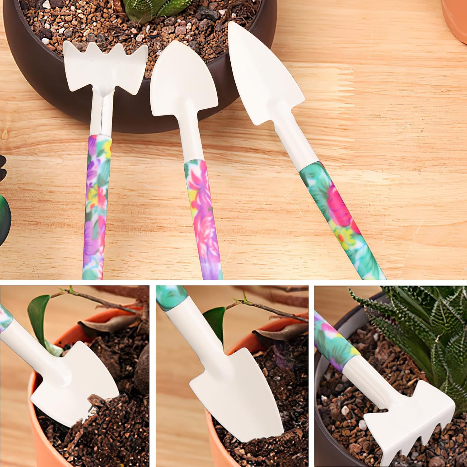 Garden Tools Set, JUMPHIGH 10 Pieces Gardening Tools with Floral Print, Ergonomic Handle Trowel Rake Weeder Pruner