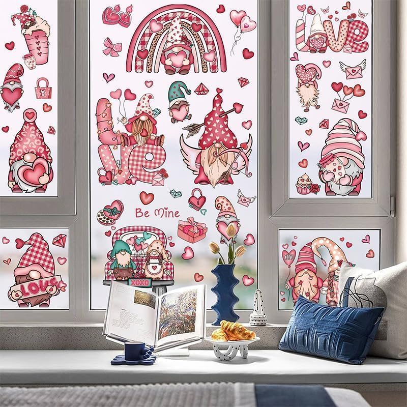 9 Sheets Valentine's Day Gnome Window Clings, Double-Sided Window Decor for Valentines Day, Removable Pink Window Decorations for Glass Windows