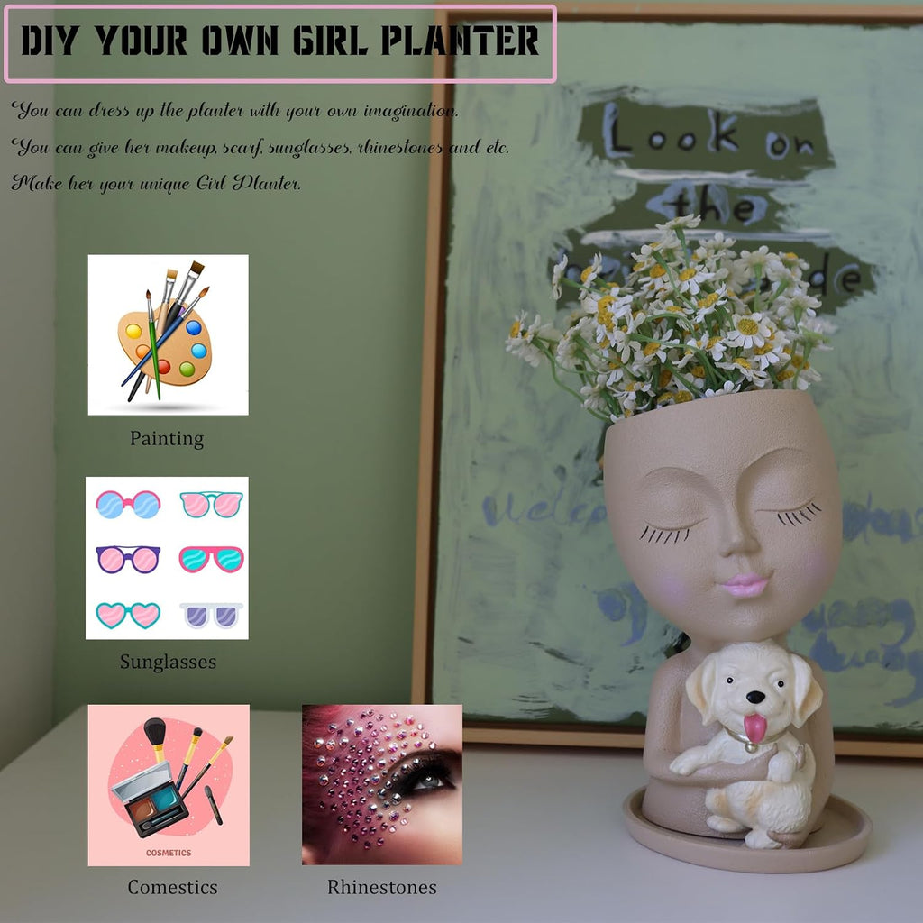 Dolkgy Cute Face Planter with Dog Head Planters Pot for Indoor Outdoor Plants, Succulent Flower Pot with Drainage Tray