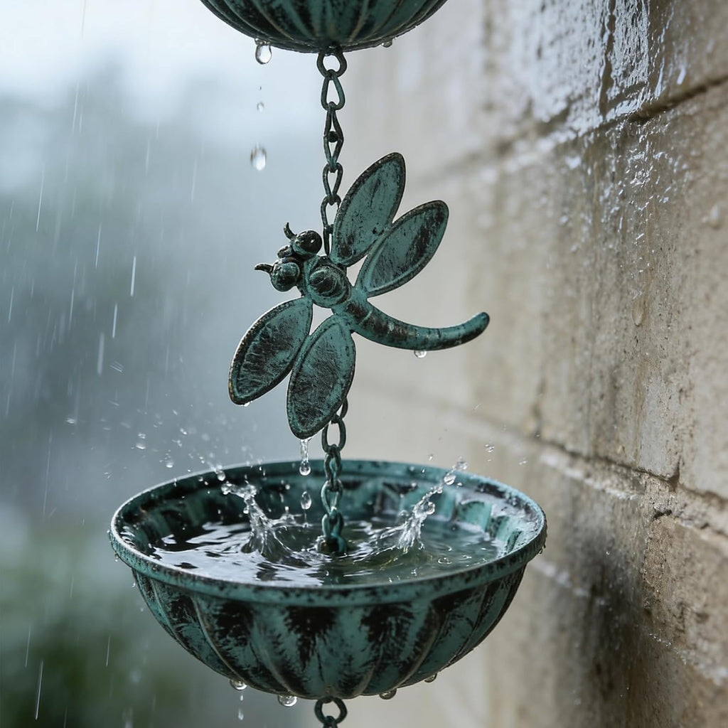 Iron Dragonfly Rain Chain for Gutters, 8.5-Feet Length, Distressed Blue