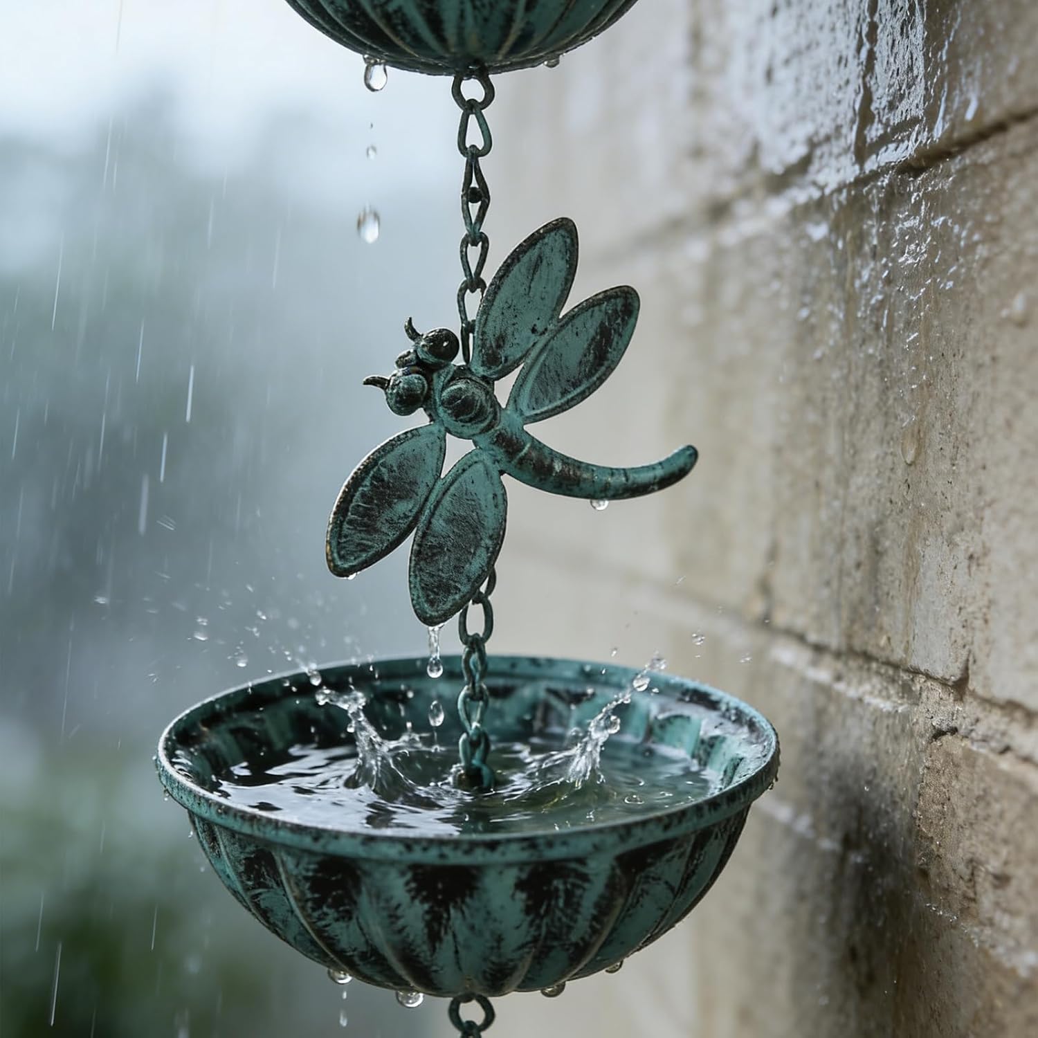 Iron Dragonfly Rain Chain for Gutters, 8.5-Feet Length, Distressed Blue