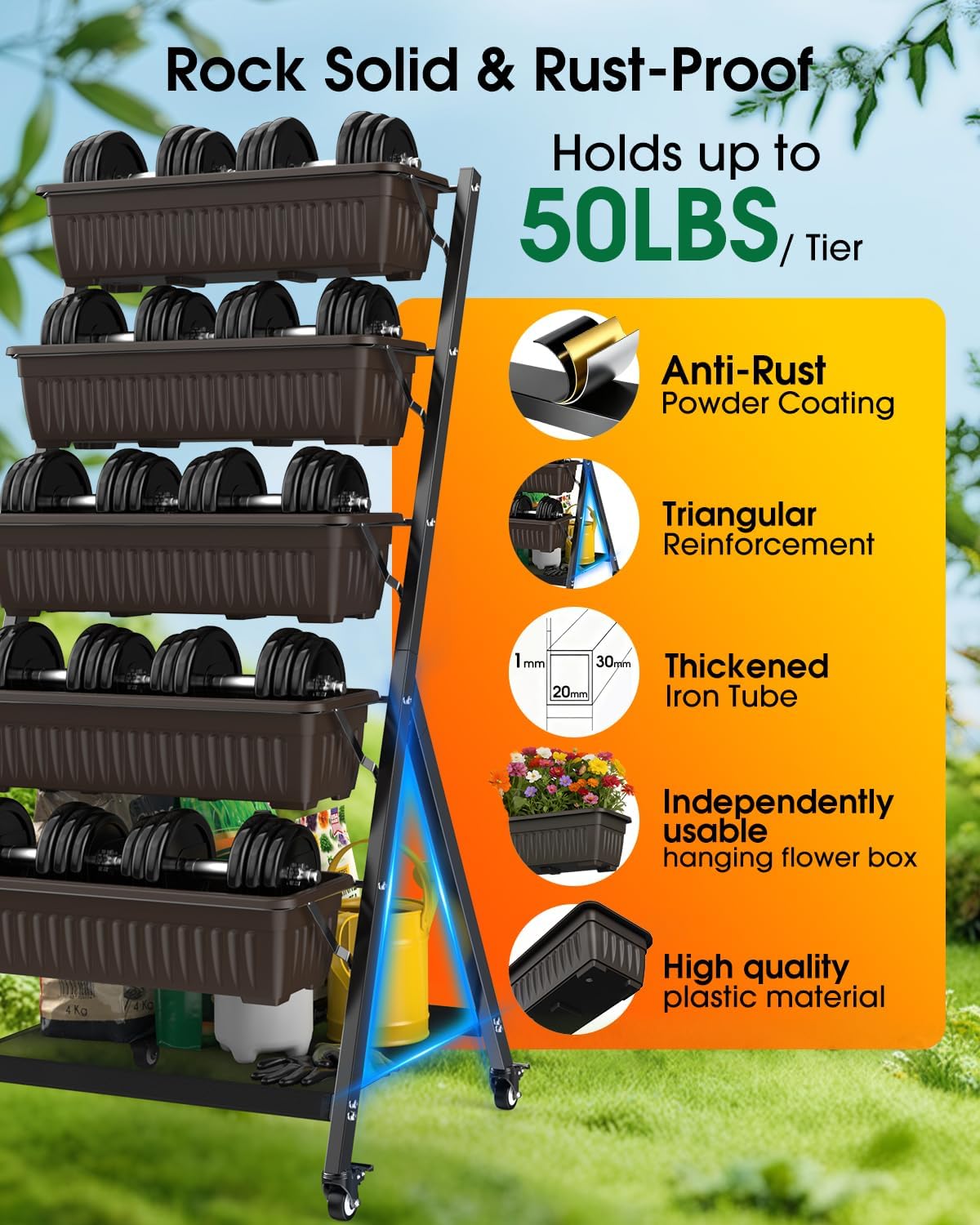 5-Tier Vertical Garden Bed Planter Boxes with Wheels, Drainage System & Storage Space, Mobile Vertical Garden Planter