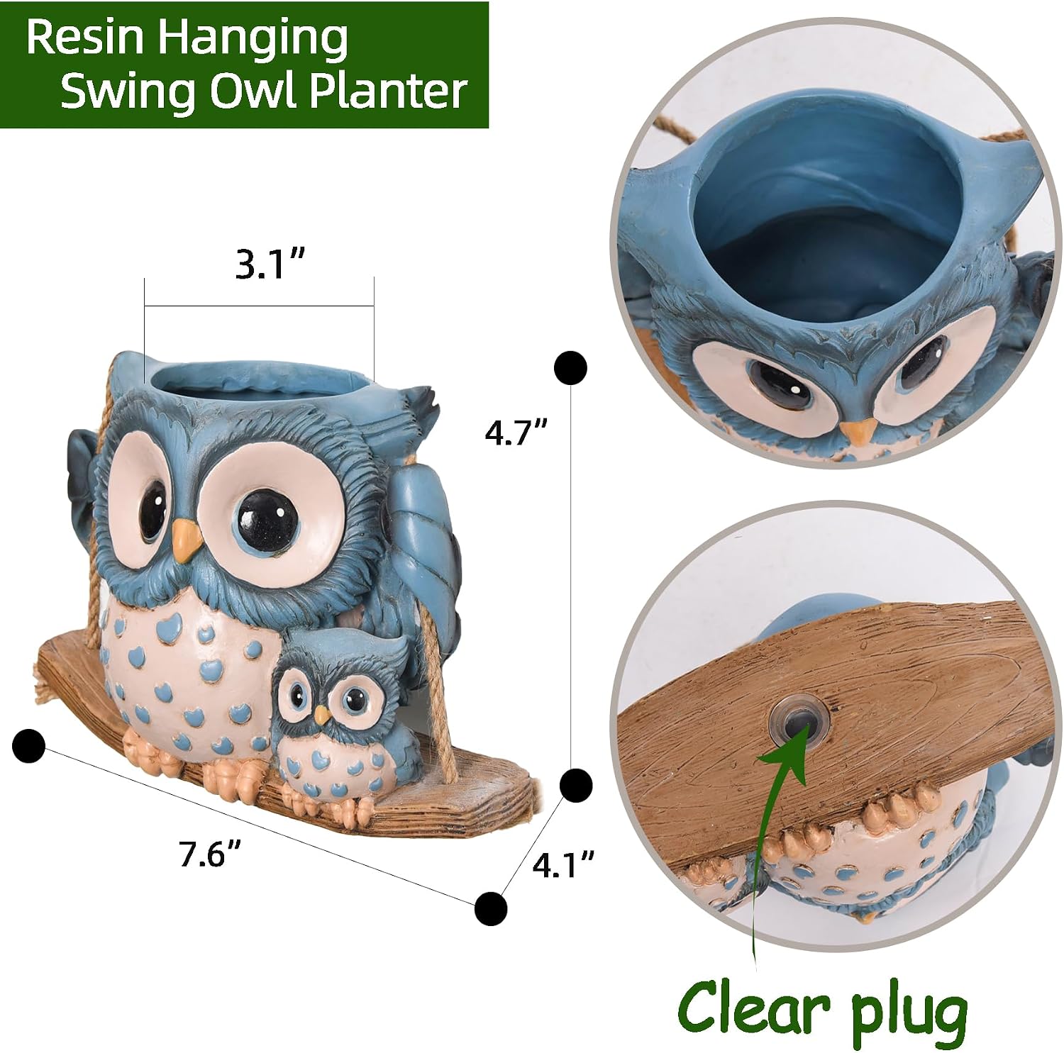Swing Owl Hanging Planters for Indoor Plants, Cute Small Succulent Pots with Drainage Hole, Unique Resin Plant Hangers