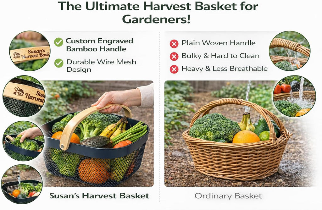 Harvest Basket Plastic Mesh Garden Hod with Personalized Bamboo Handle – Lightweight Vegetable Harvest Basket for
