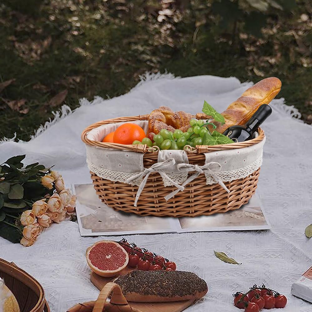 Large Wicker Woven Picnic Basket w/Handle for Camping & Harvest | White Floral Lining, Removable & Washable; Ideal for