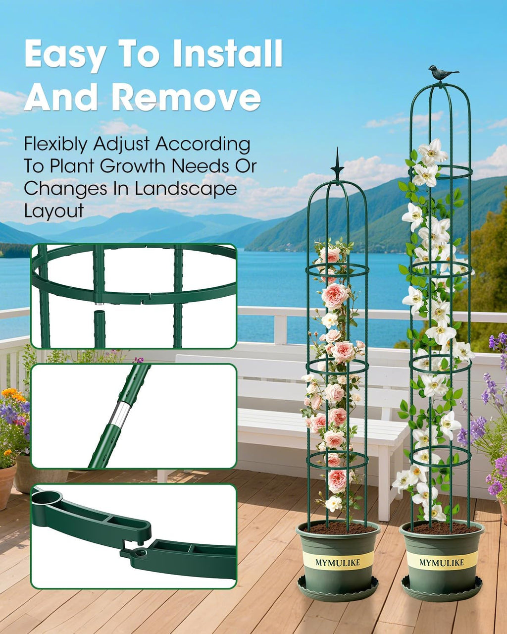 2PCS Garden Trellis for Climbing Plants, 6.2FT Rustproof Metal Pipe with Heavy Duty Plastic Coated, Garden Outdoor