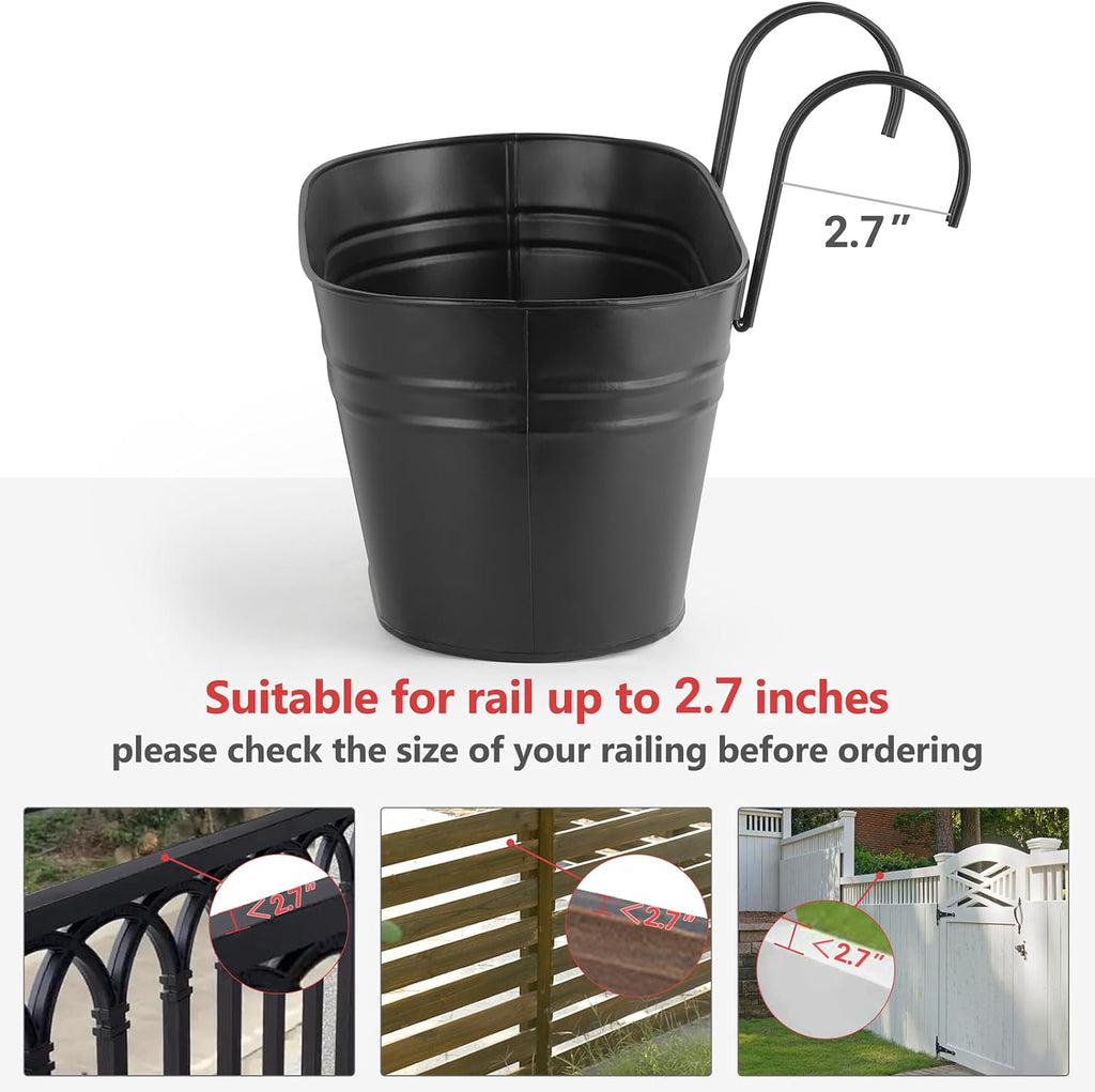 Dahey 15 Inches Railing Planter Box 3 Pcs Metal Hanging Flower Pots, Black | 2.7" Width Detachable Hooks, Outdoor